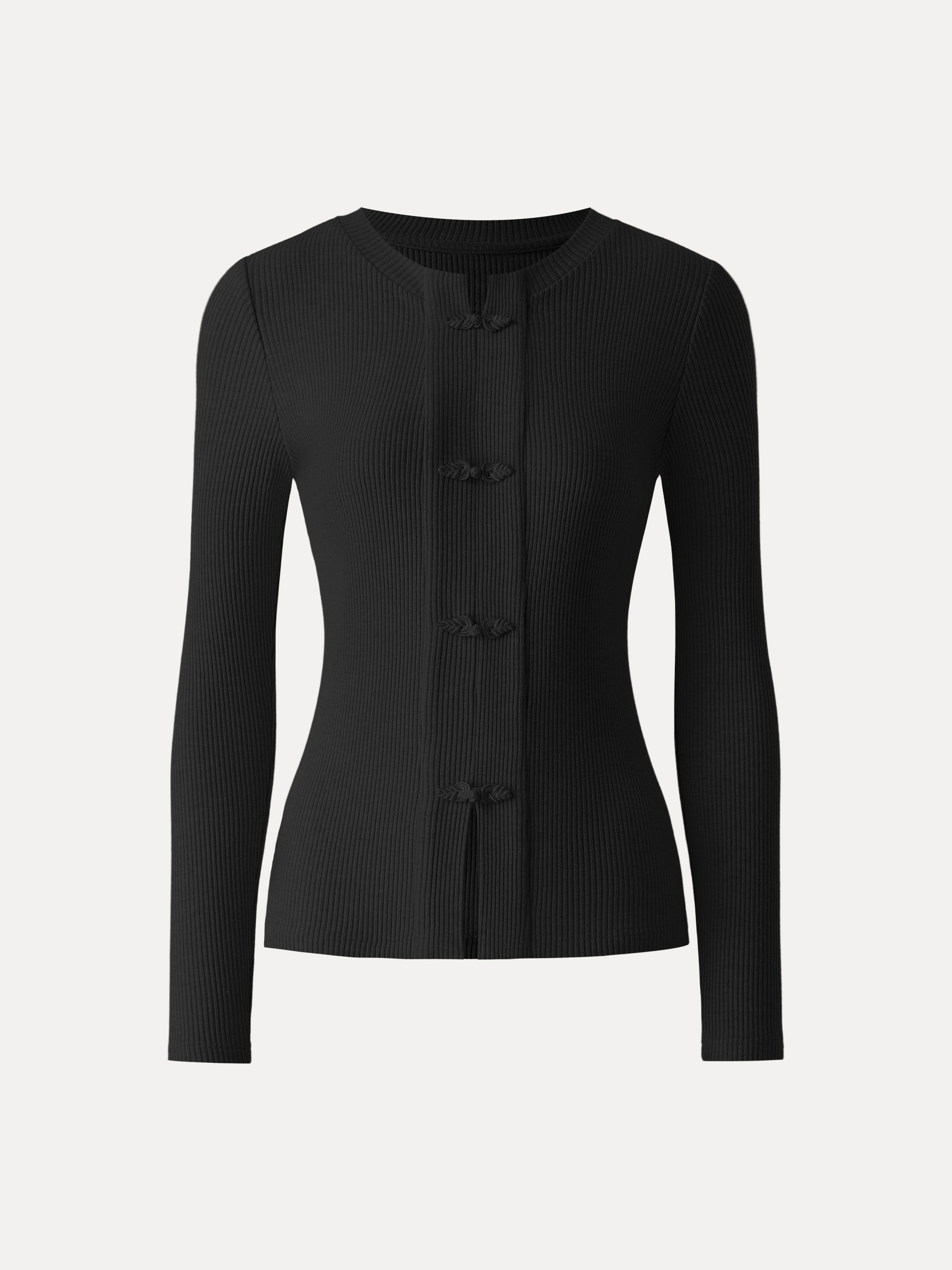 Ribbed Frog Button Round Neck Long Sleeve Top Limited Edition