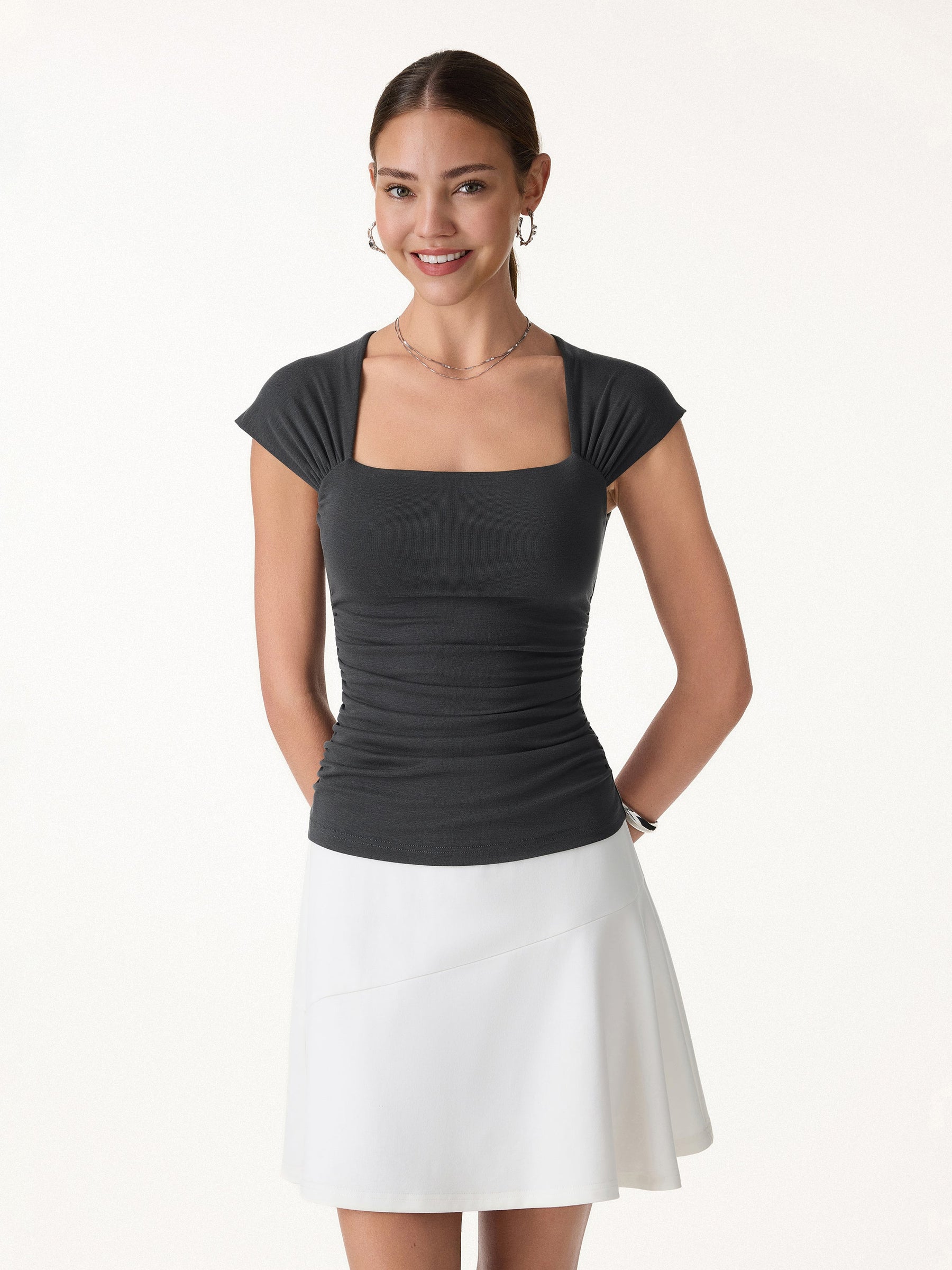 Cool-Touch Square Neck Cap Sleeve Ruched Bra Top