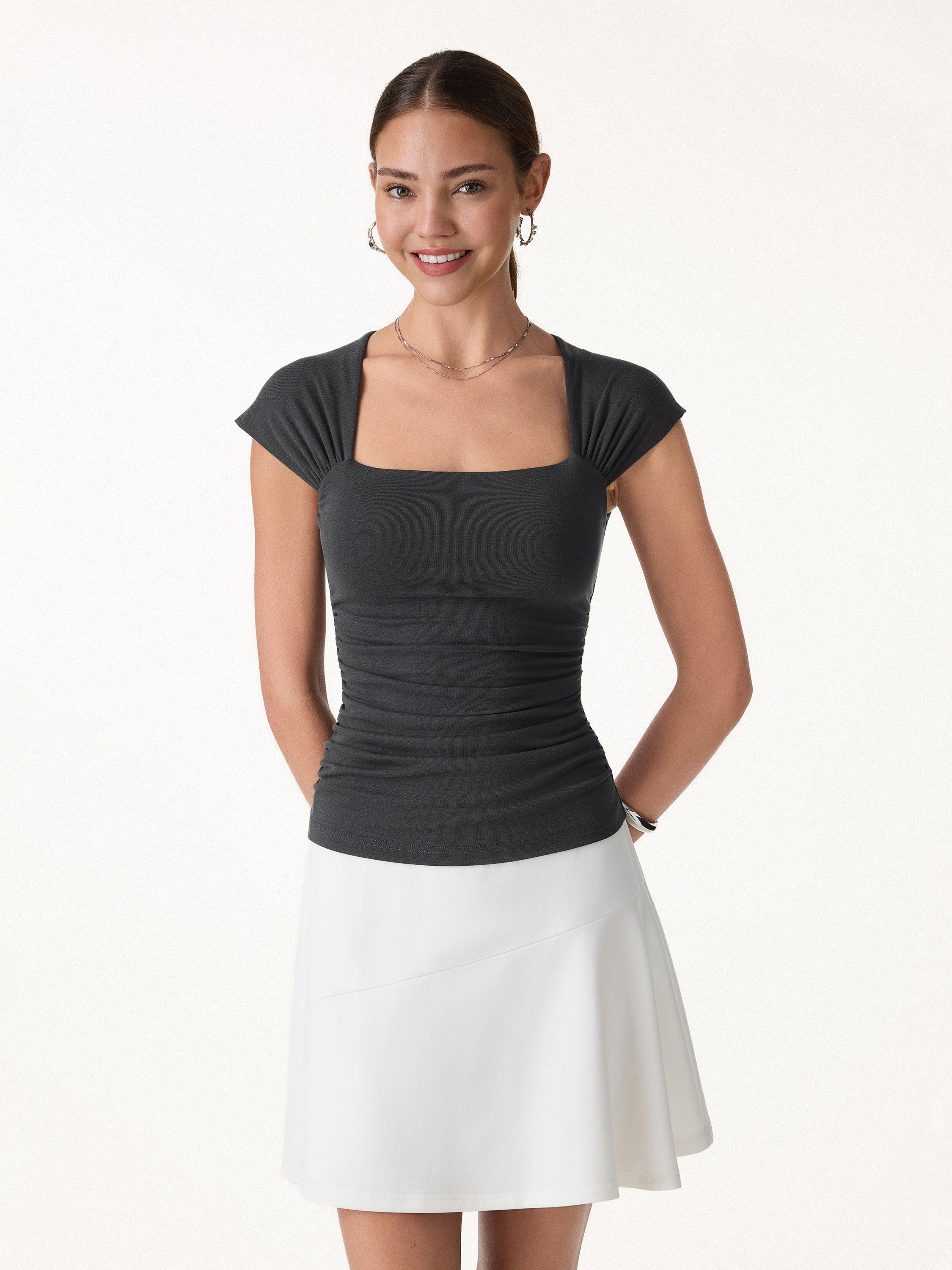 Cool-Touch Square Neck Cap Sleeve Ruched Bra Top