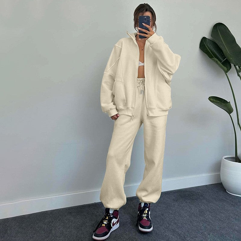 Women's Tracksuit Set - Zip Cardigan & Drawstring Trousers with Pockets
