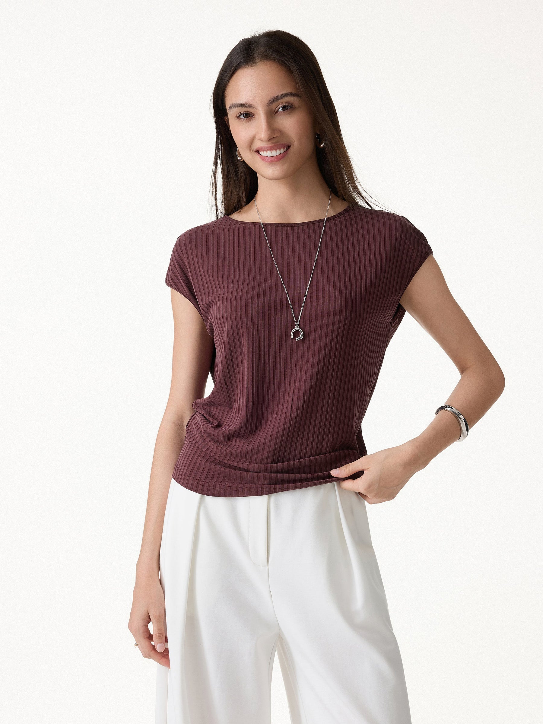Wrinkle-Free Ultra-soft Boatneck Cap Sleeve Ribbed Top