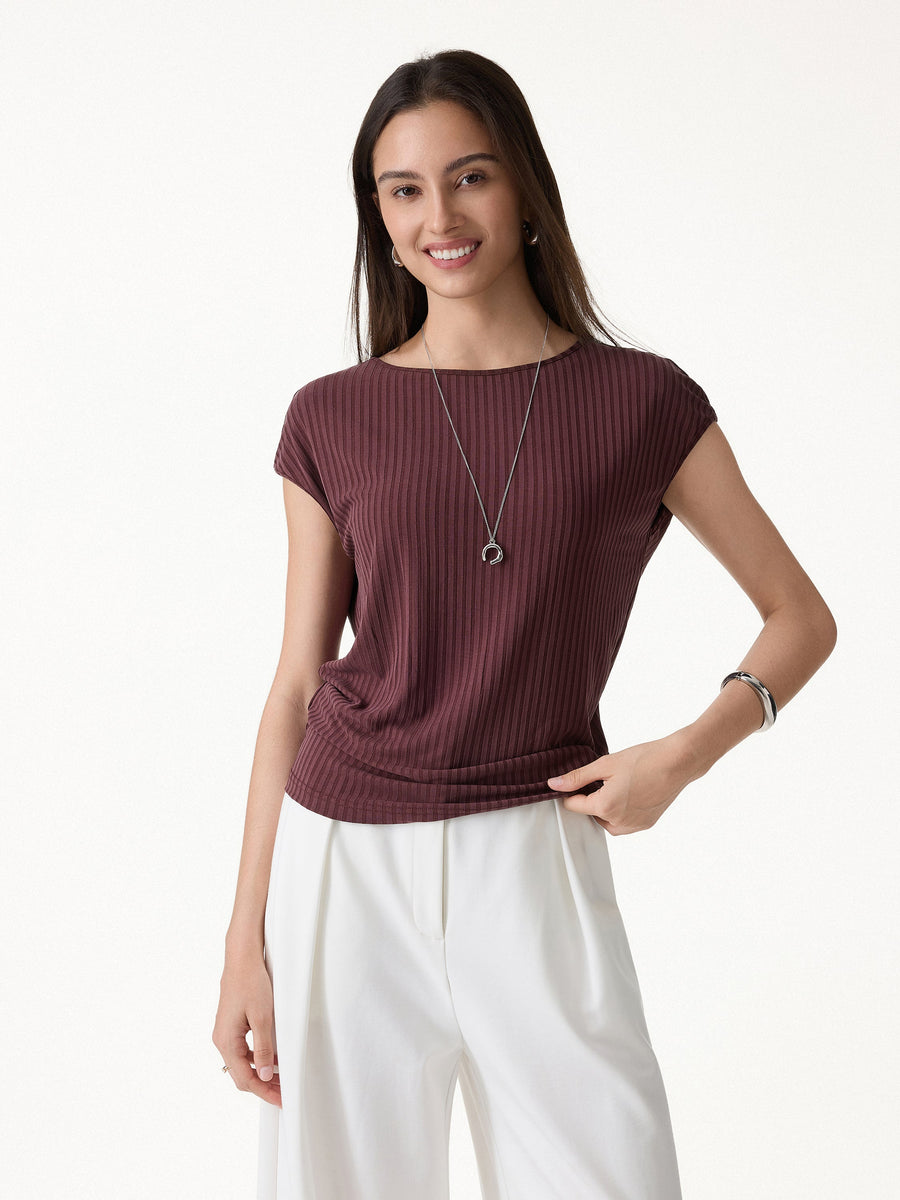 Wrinkle-Free Ultra-soft Boatneck Cap Sleeve Ribbed Top