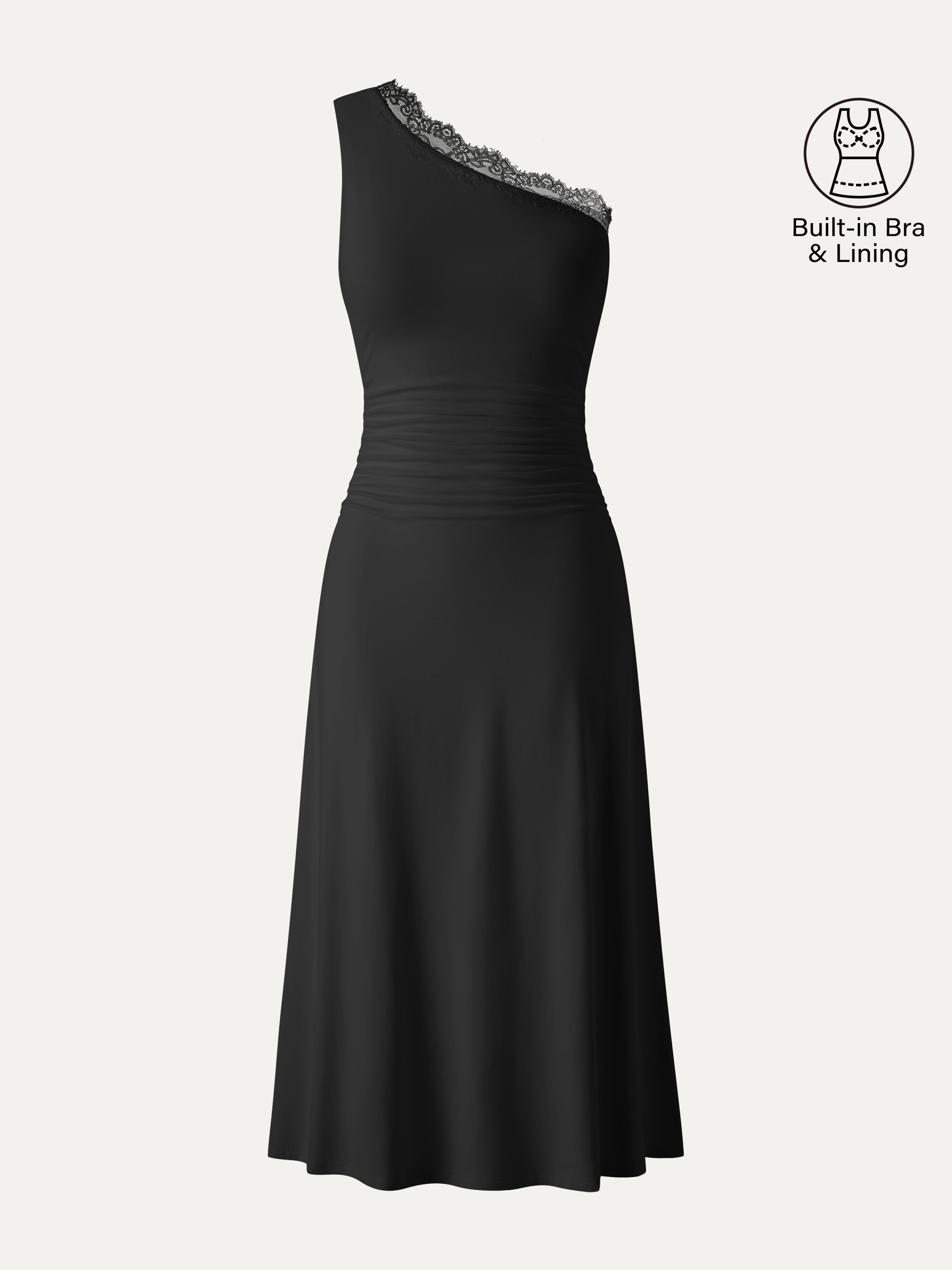 Lace Trim One Shoulder Ruched Bra Dress