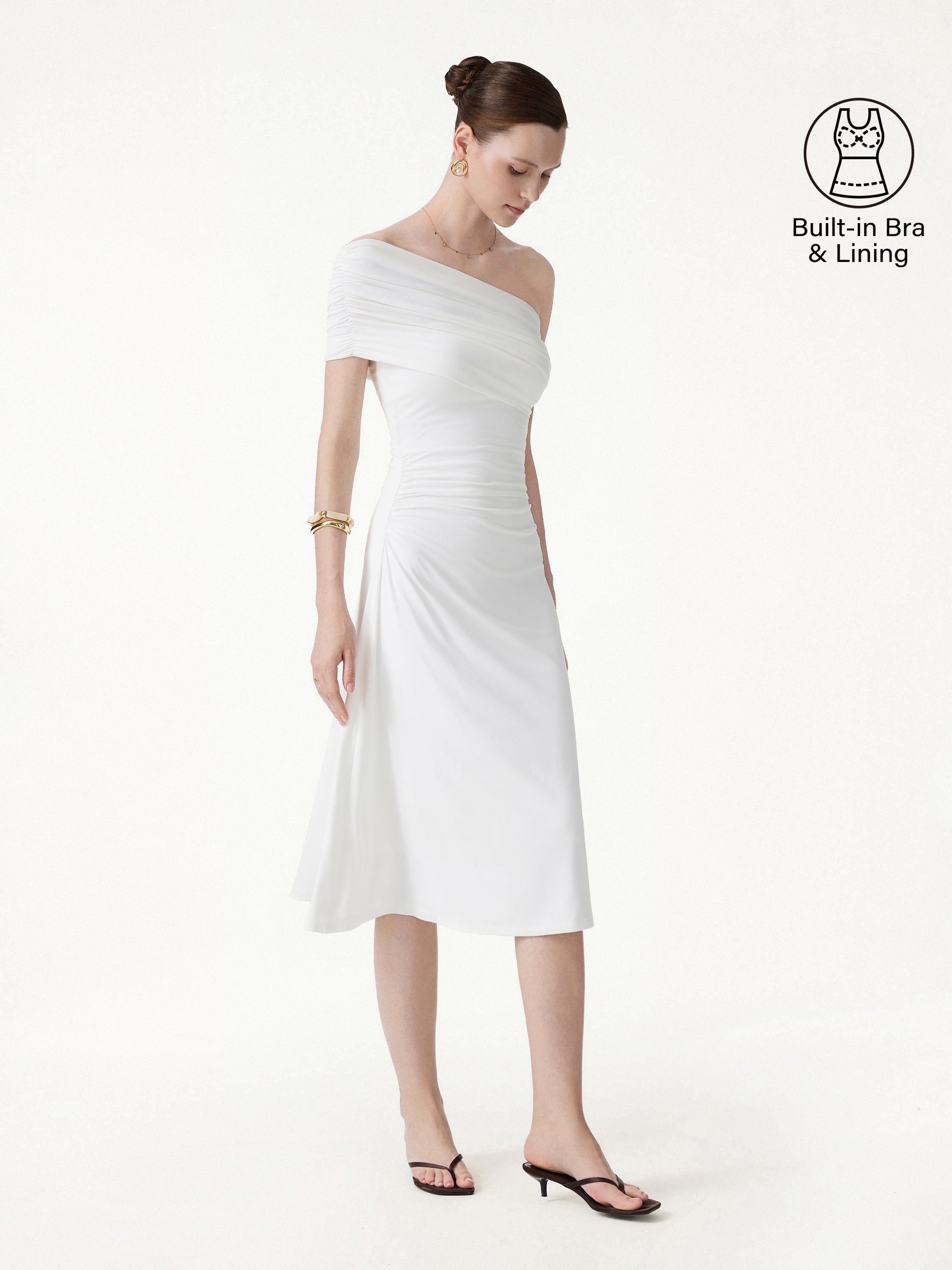 Not-See-Thru One Shoulder Gathered Midi Bra Dress