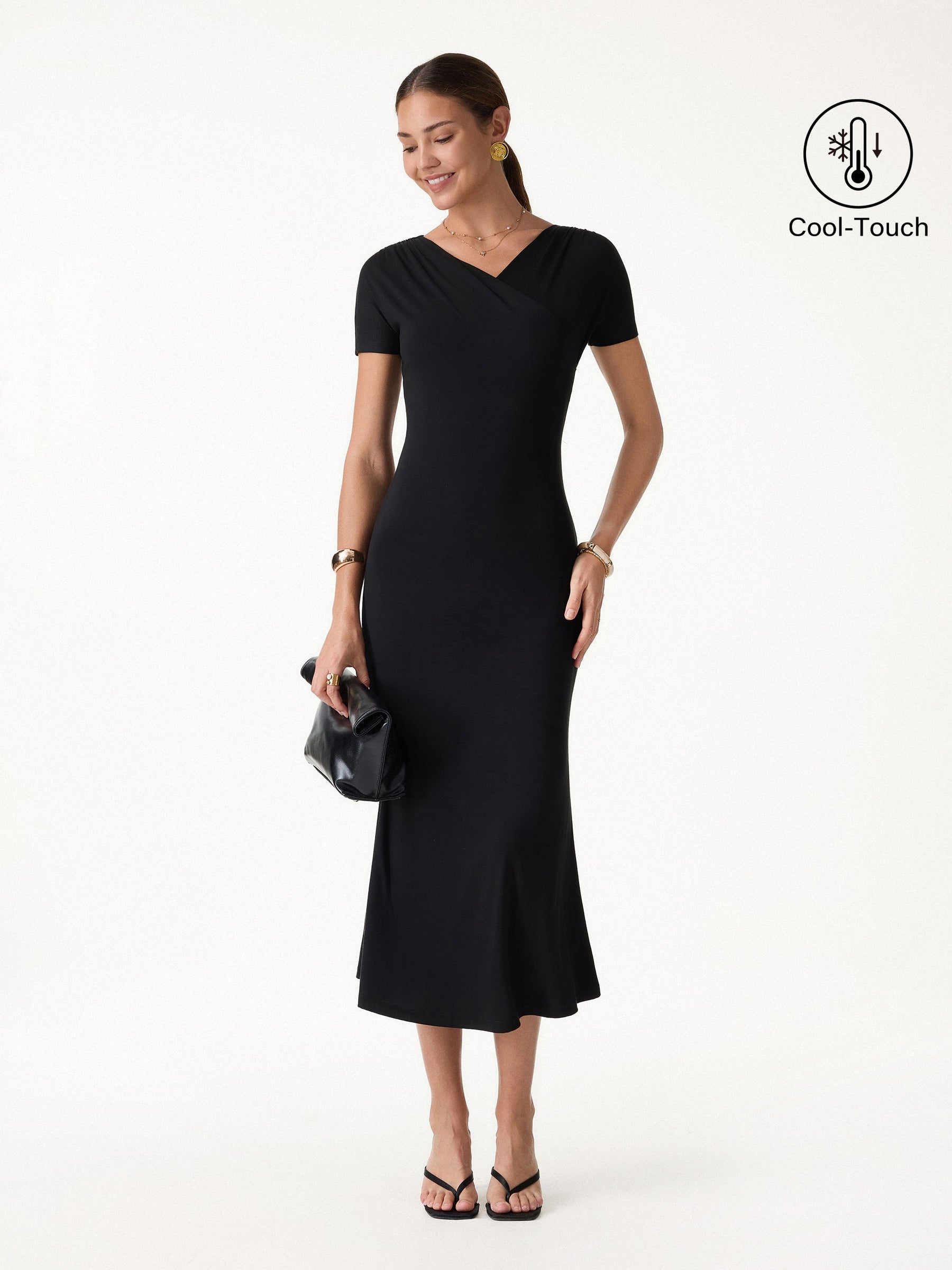 Surplice Short Sleeve Midi Dress