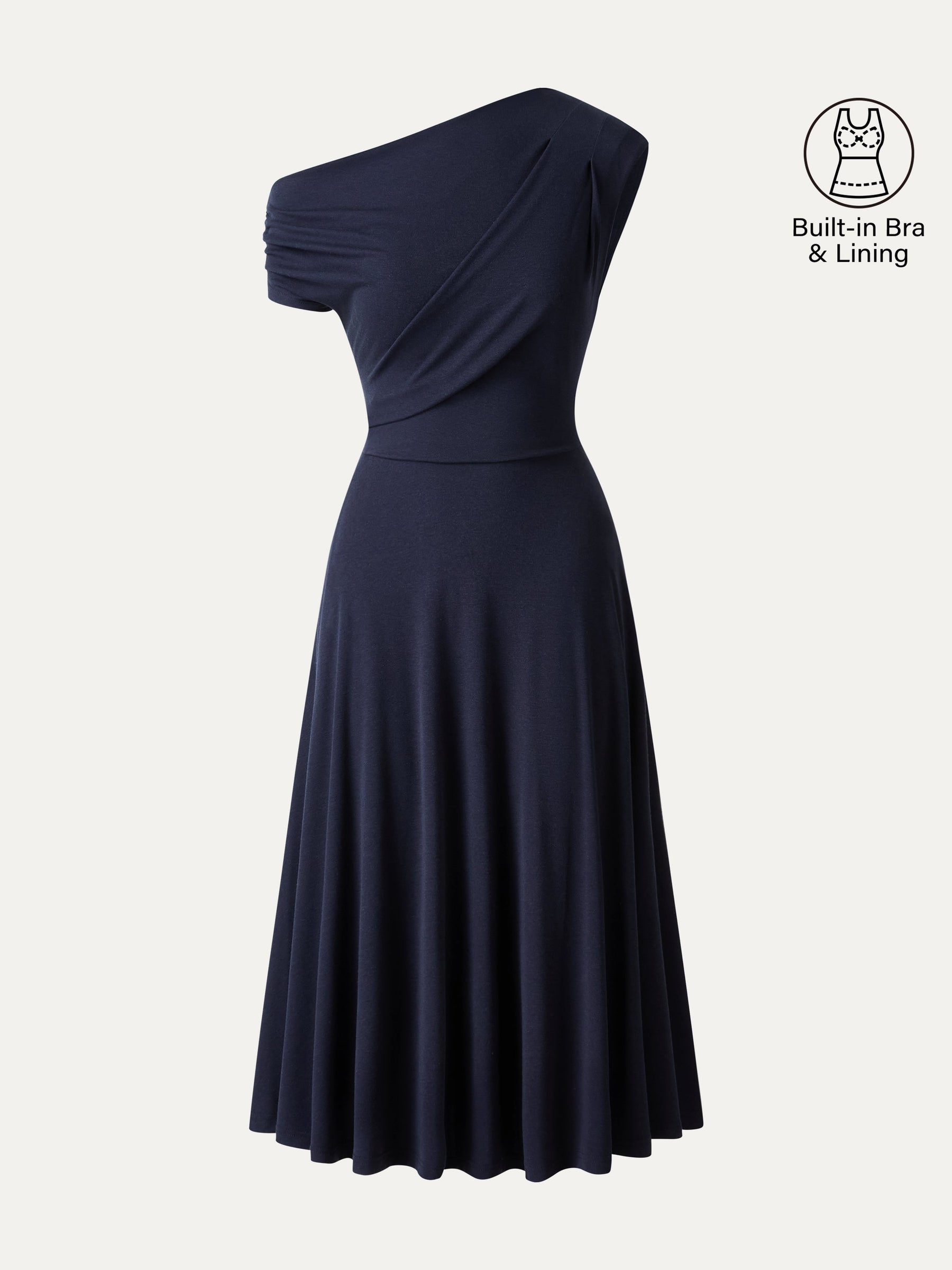 Asymmetrical Shoulder Tucked Midi Bra Dress with Pockets