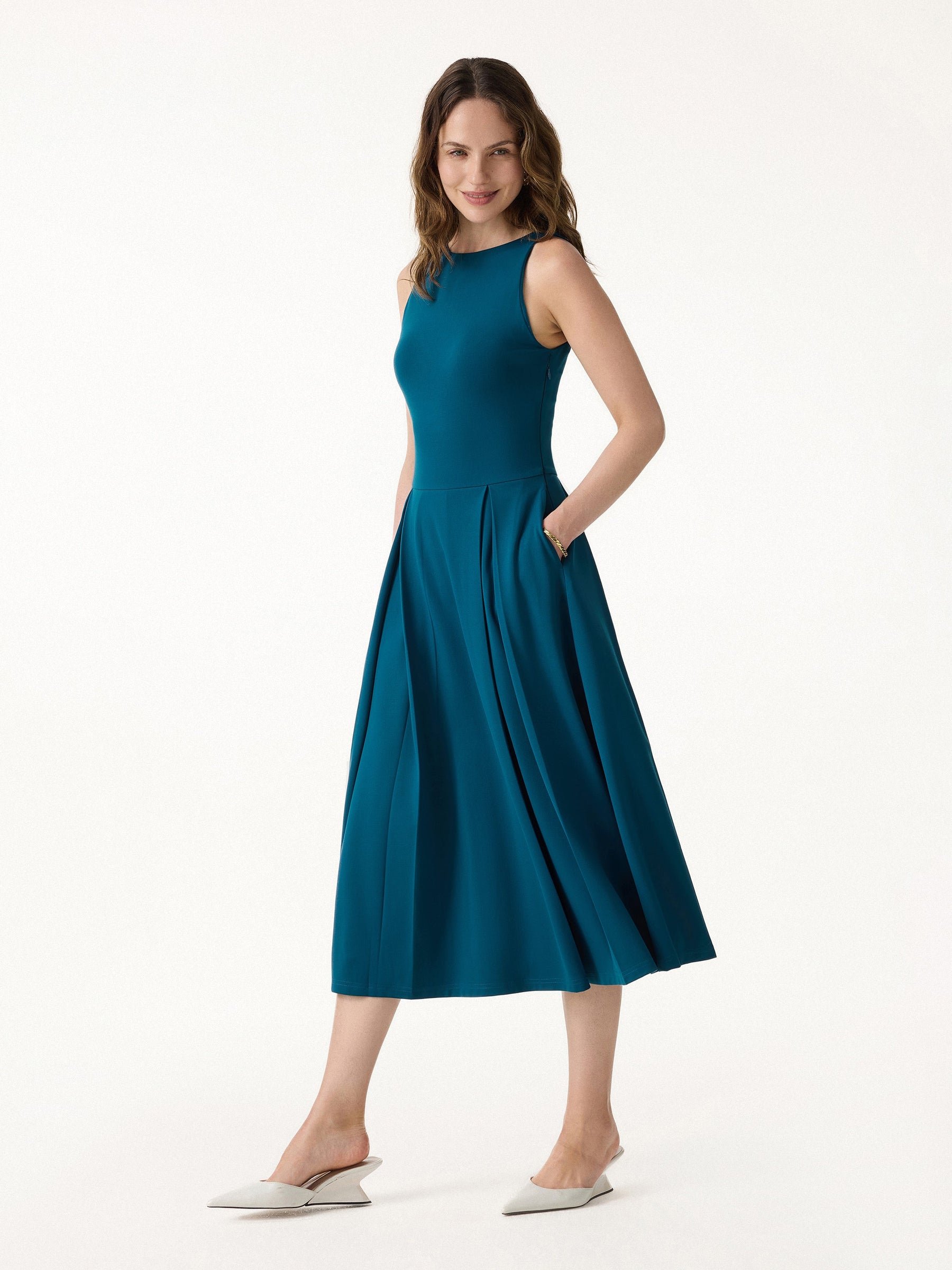 Boatneck Pleated Fit-and-Flare Midi Bra Dress with Pockets