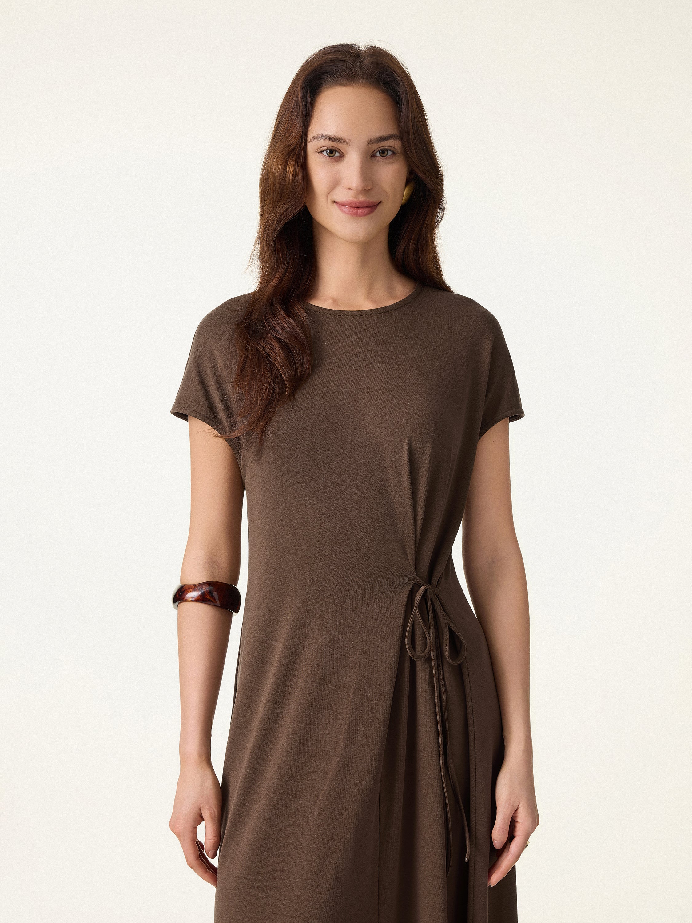 Cotton Lyocell Easy Airy Midi Dress with Self-Tie