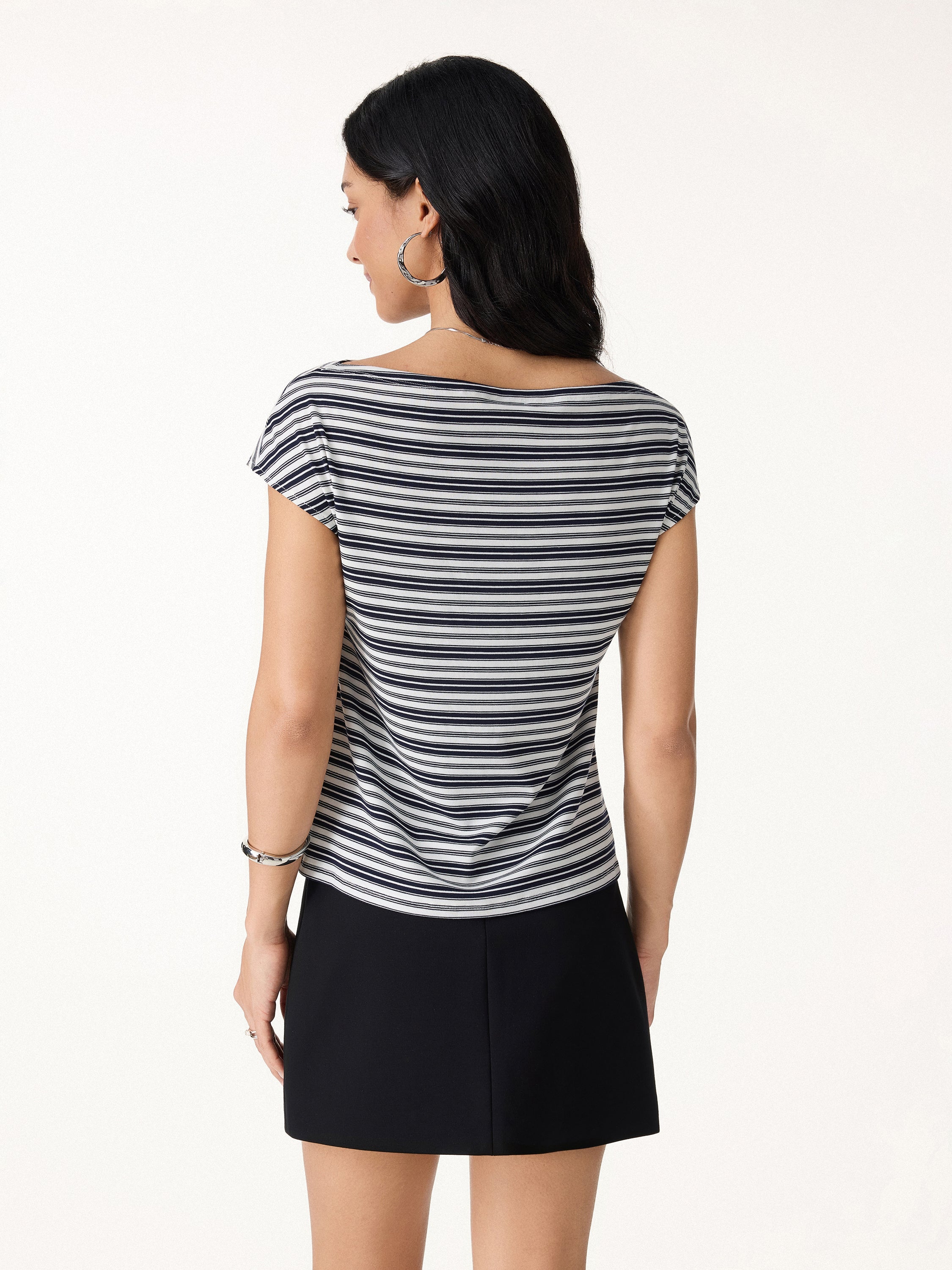 Striped Slash Neck Cap Sleeve Relaxed Top