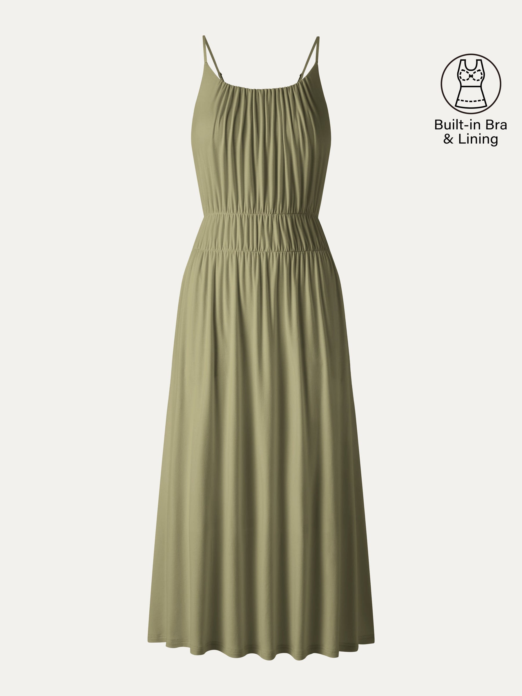 Vacay Gathered U-Neck Spaghetti Midi Bra Dress with Pockets
