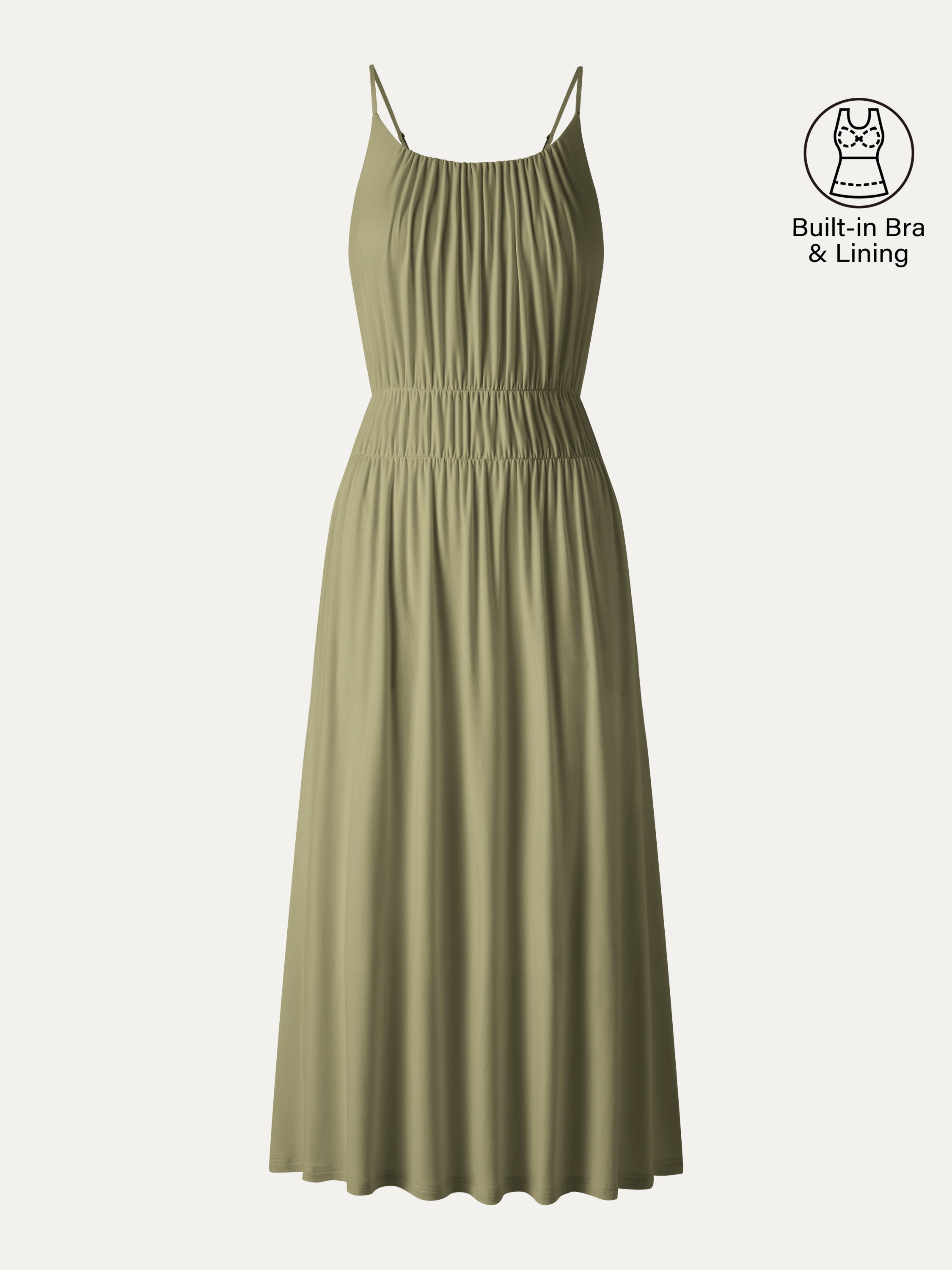 Vacay Gathered U-Neck Spaghetti Midi Bra Dress with Pockets