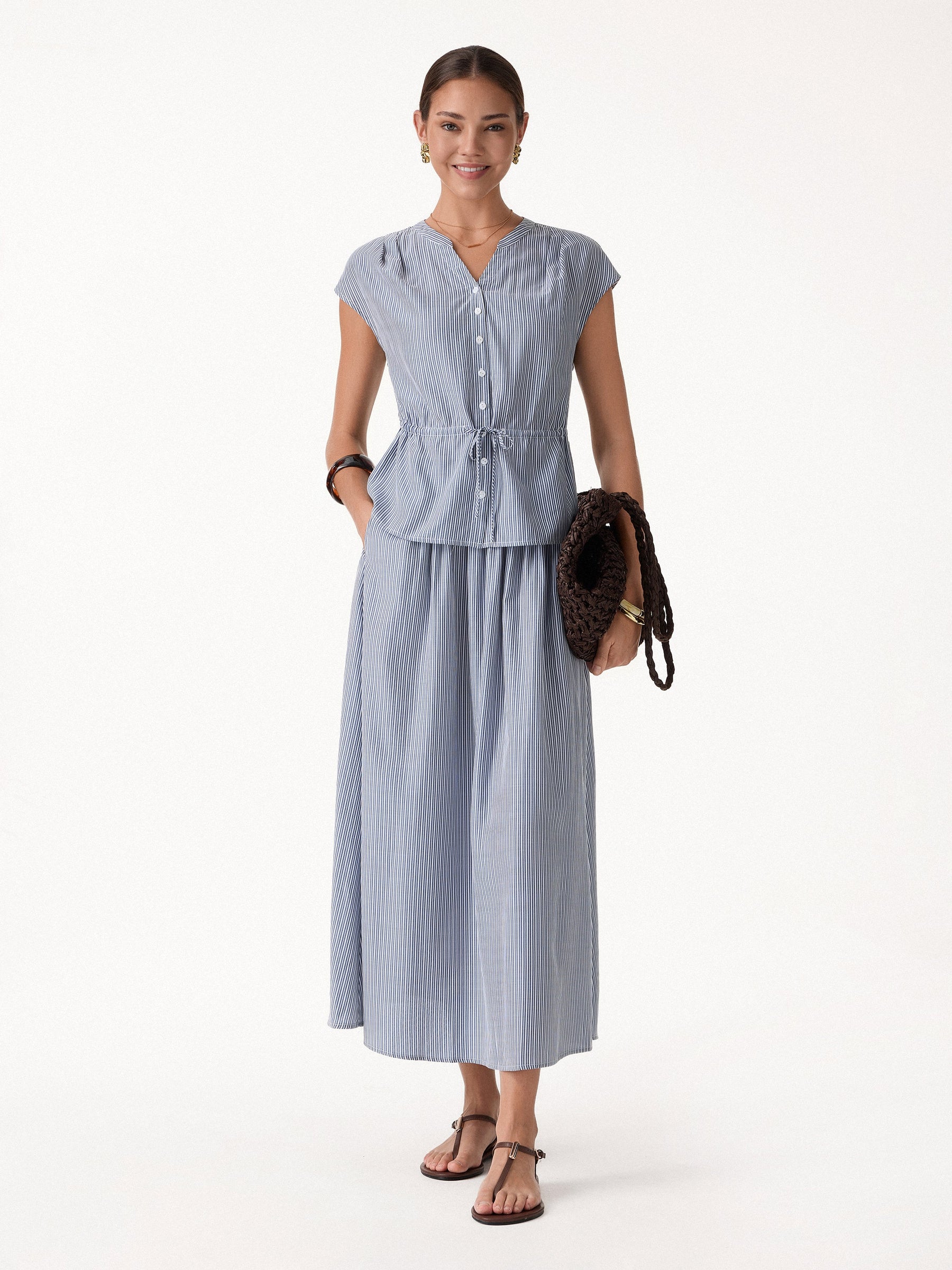 Notched V-Neck Drawstring Waist Poplin Shirt