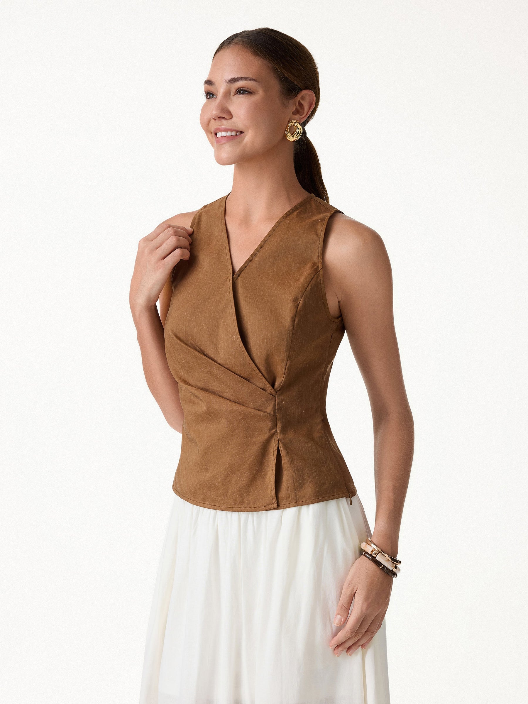Linen Blend Surplice Top with Side Twist