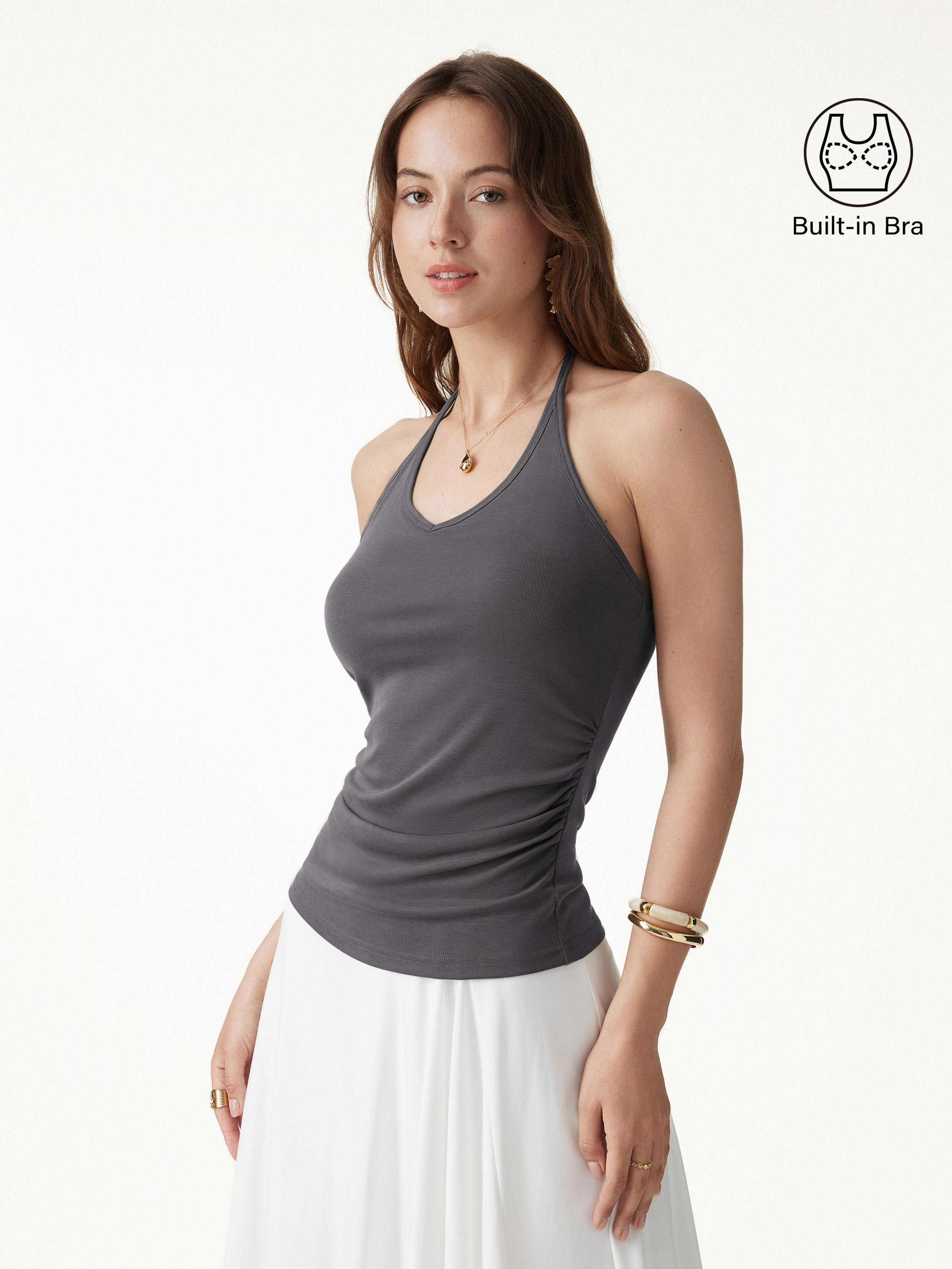 Modal Halter Neck Open Back Ruched Bra Top