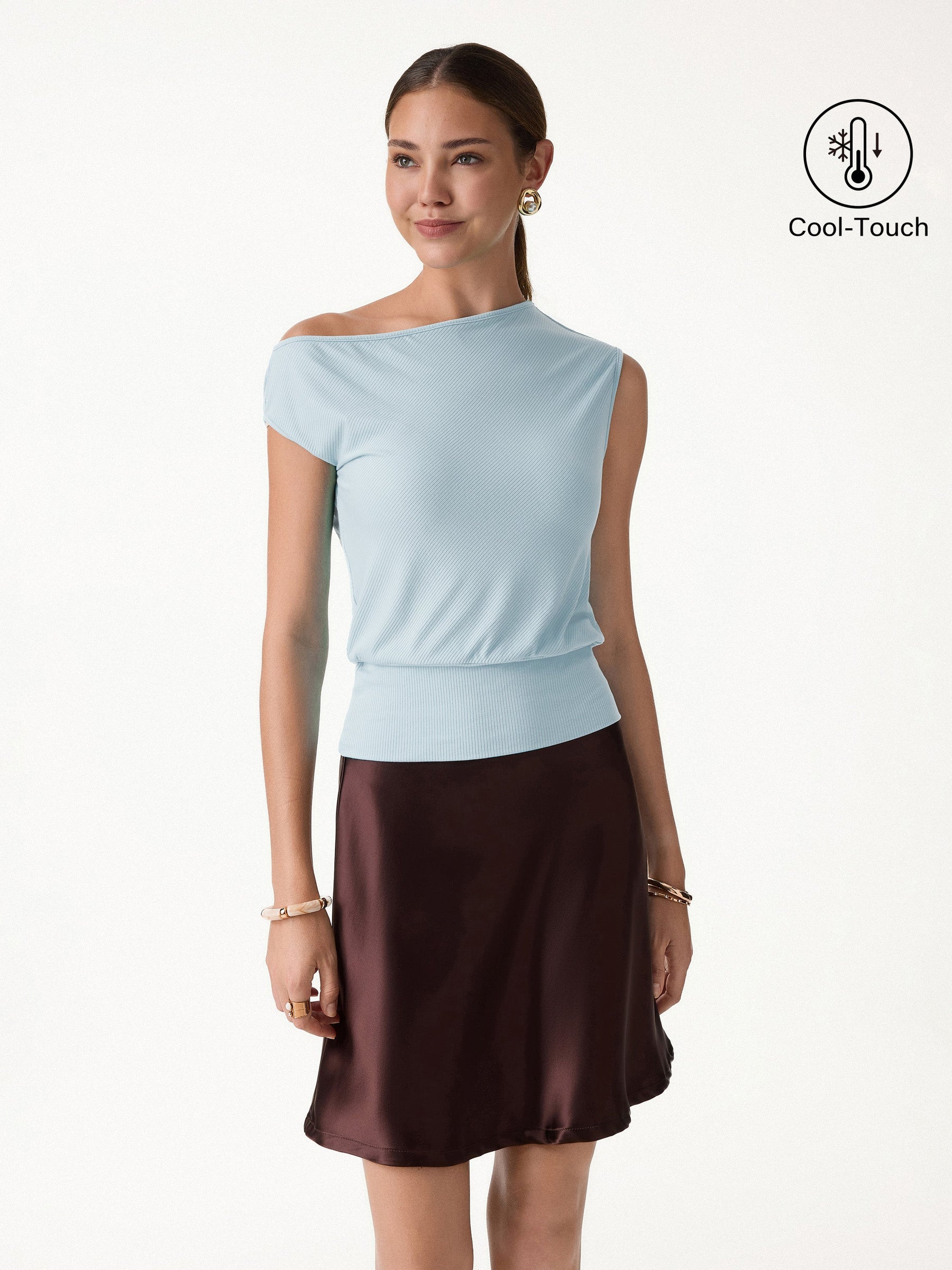 Asymmetrical Shoulder Banded Hem Top