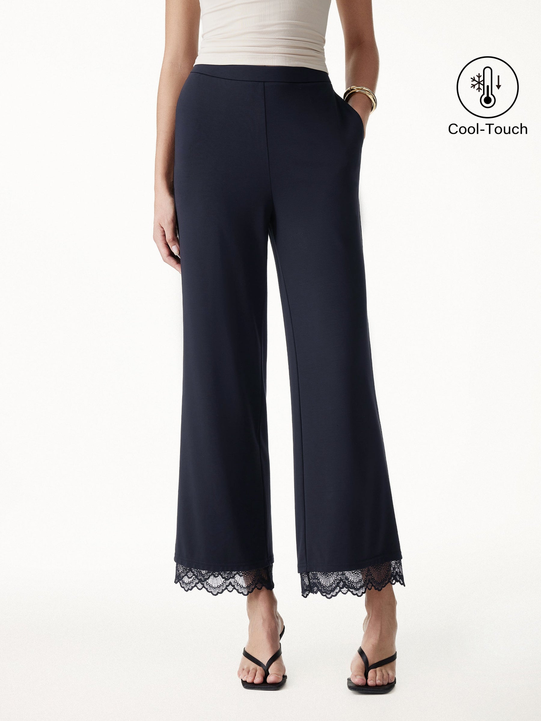 Lace Trim Draped Mid Rise Wide Leg Pants with Pockets