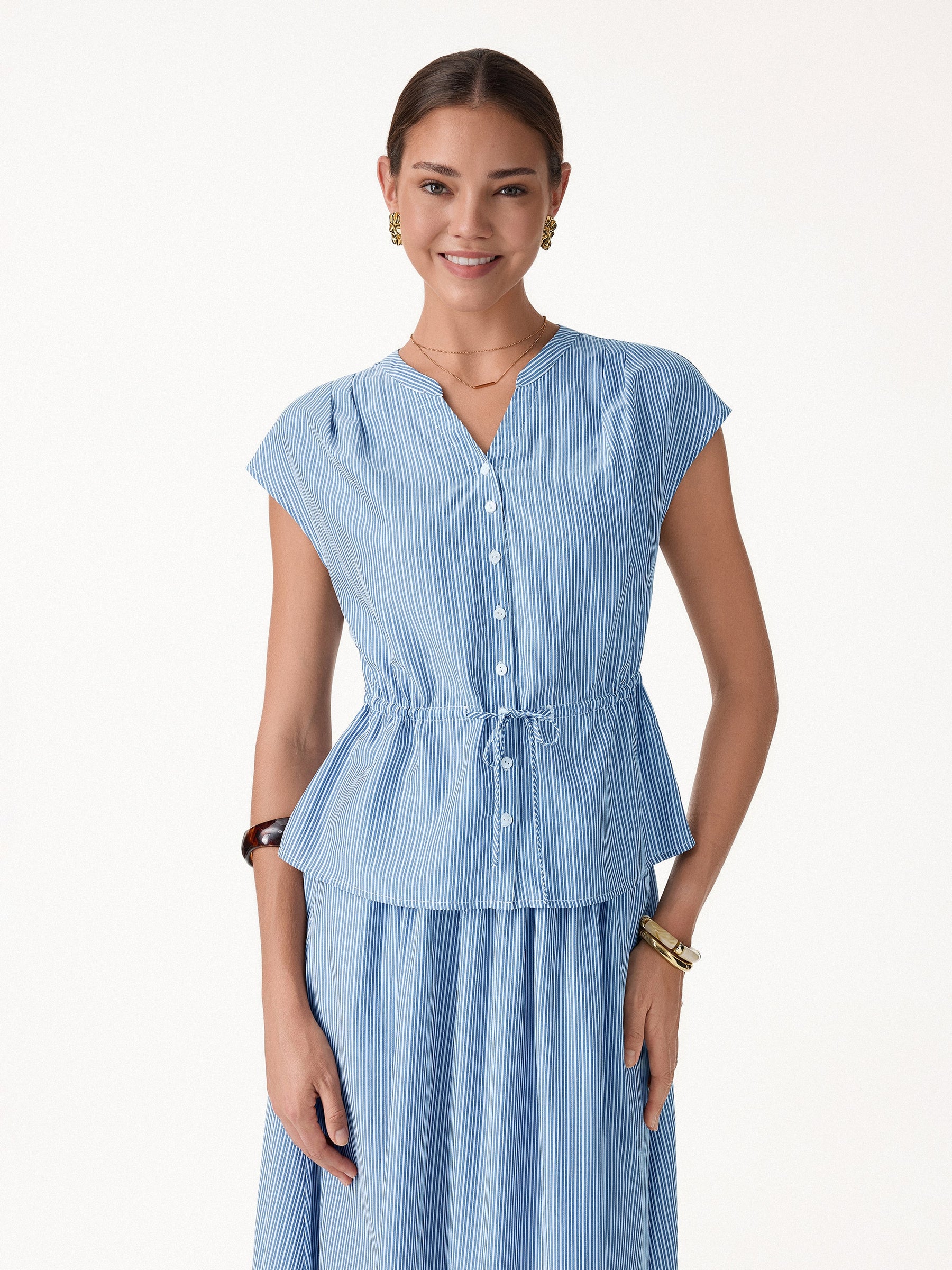 Notched V-Neck Drawstring Waist Poplin Shirt