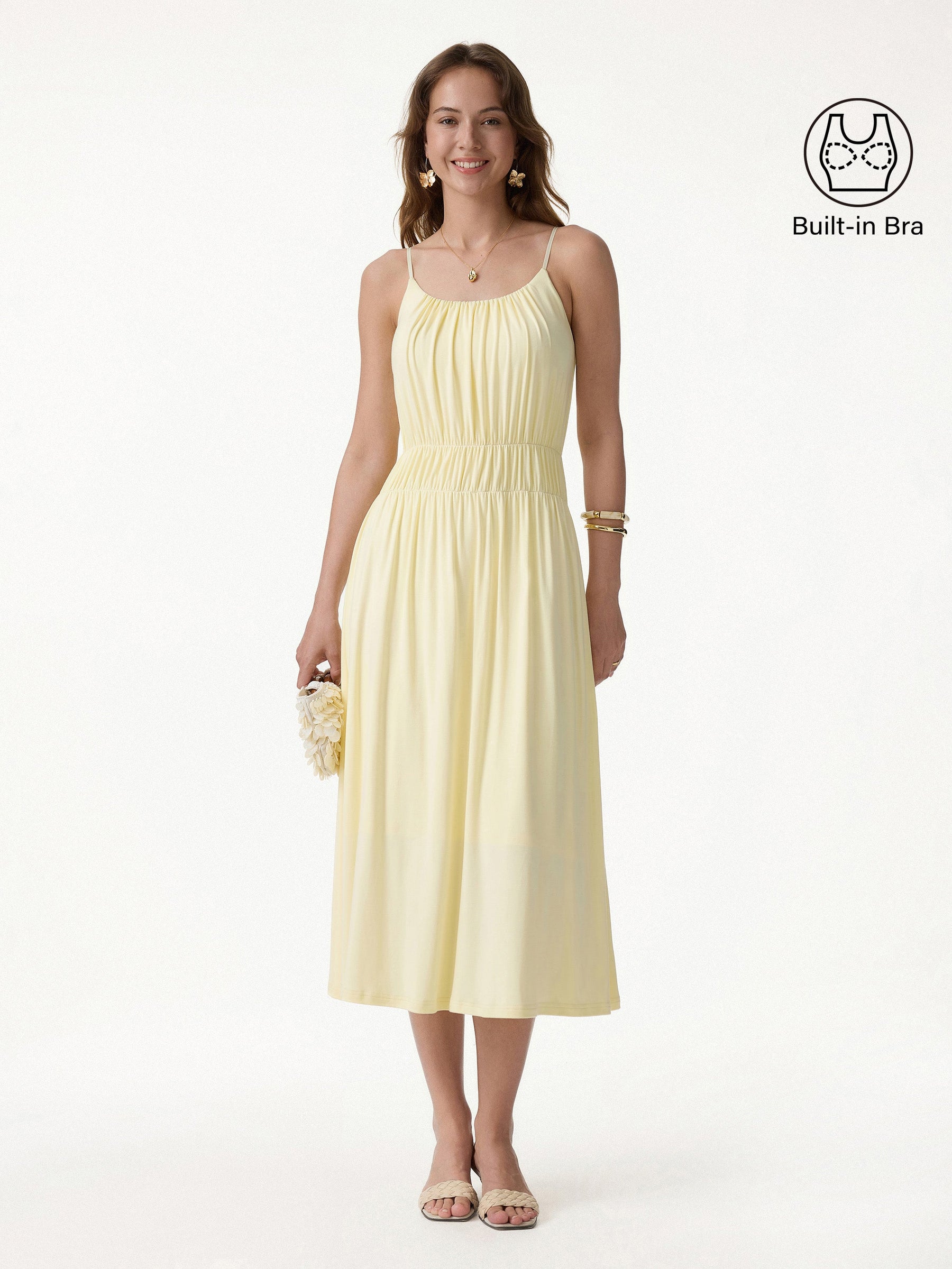 Vacay Gathered U-Neck Spaghetti Midi Bra Dress with Pockets