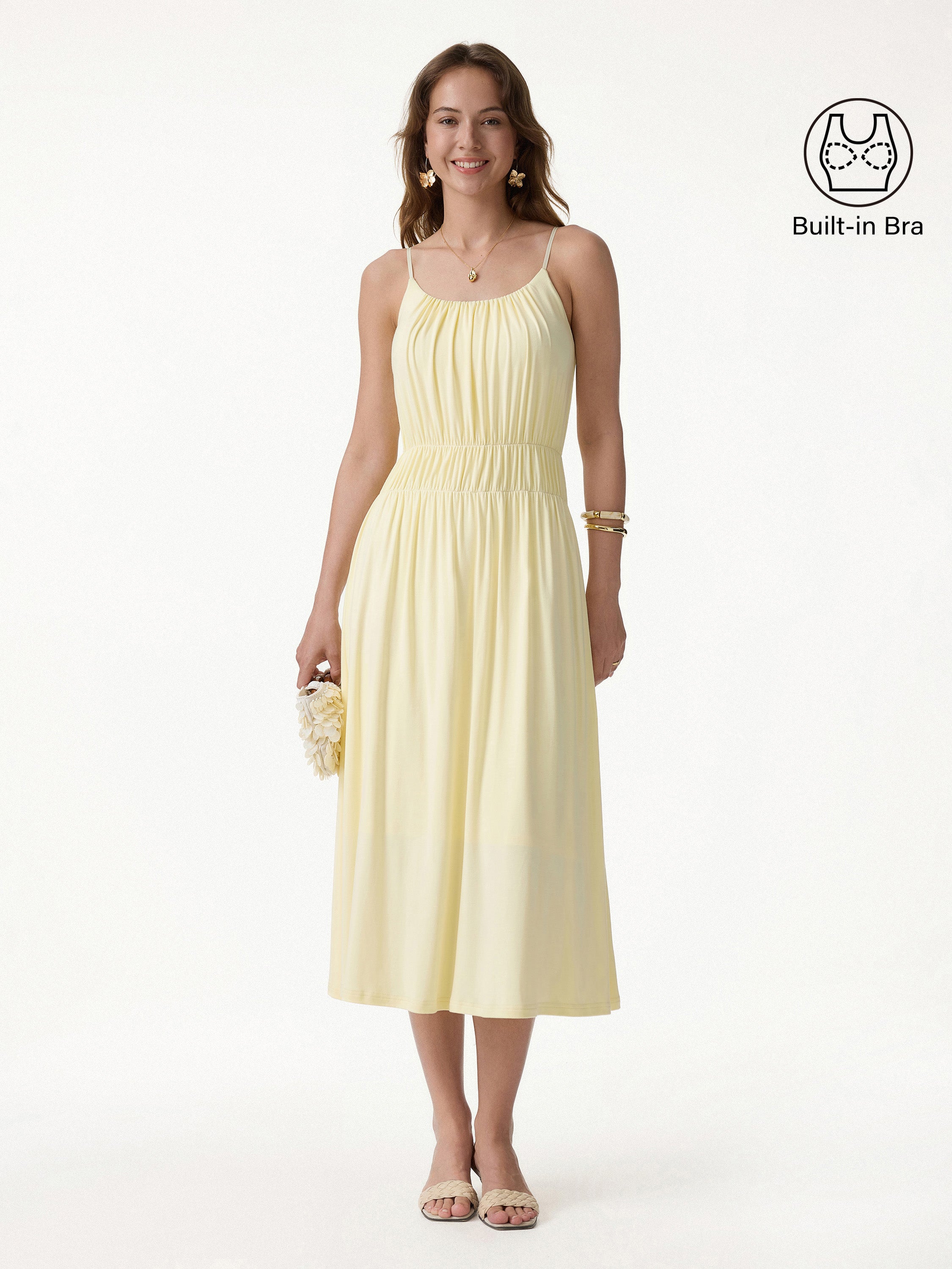 Vacay Gathered U-Neck Spaghetti Midi Bra Dress with Pockets