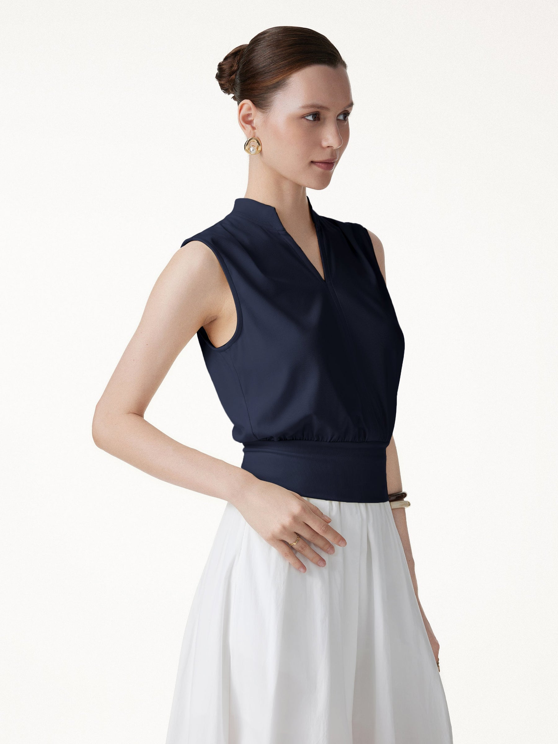 Cotton-Viscose V-neck Stand Collar Sleeveless Top