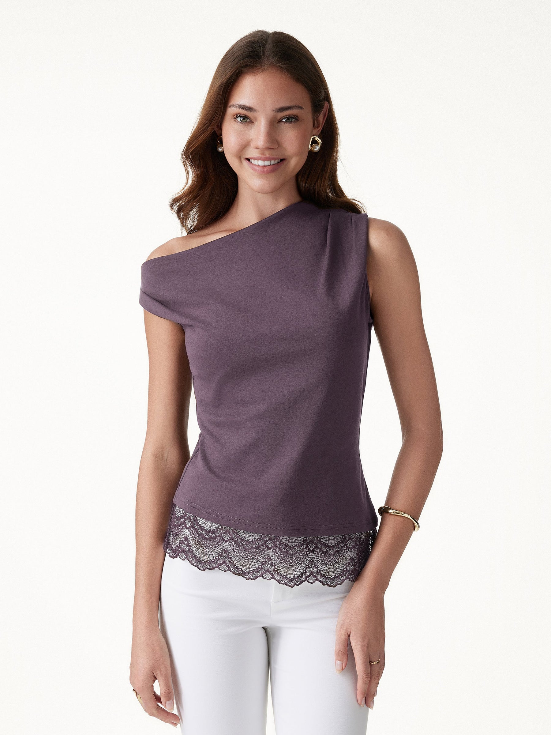 Lace Trim Cotton Lyocell Asymmetrical Shoulder Top