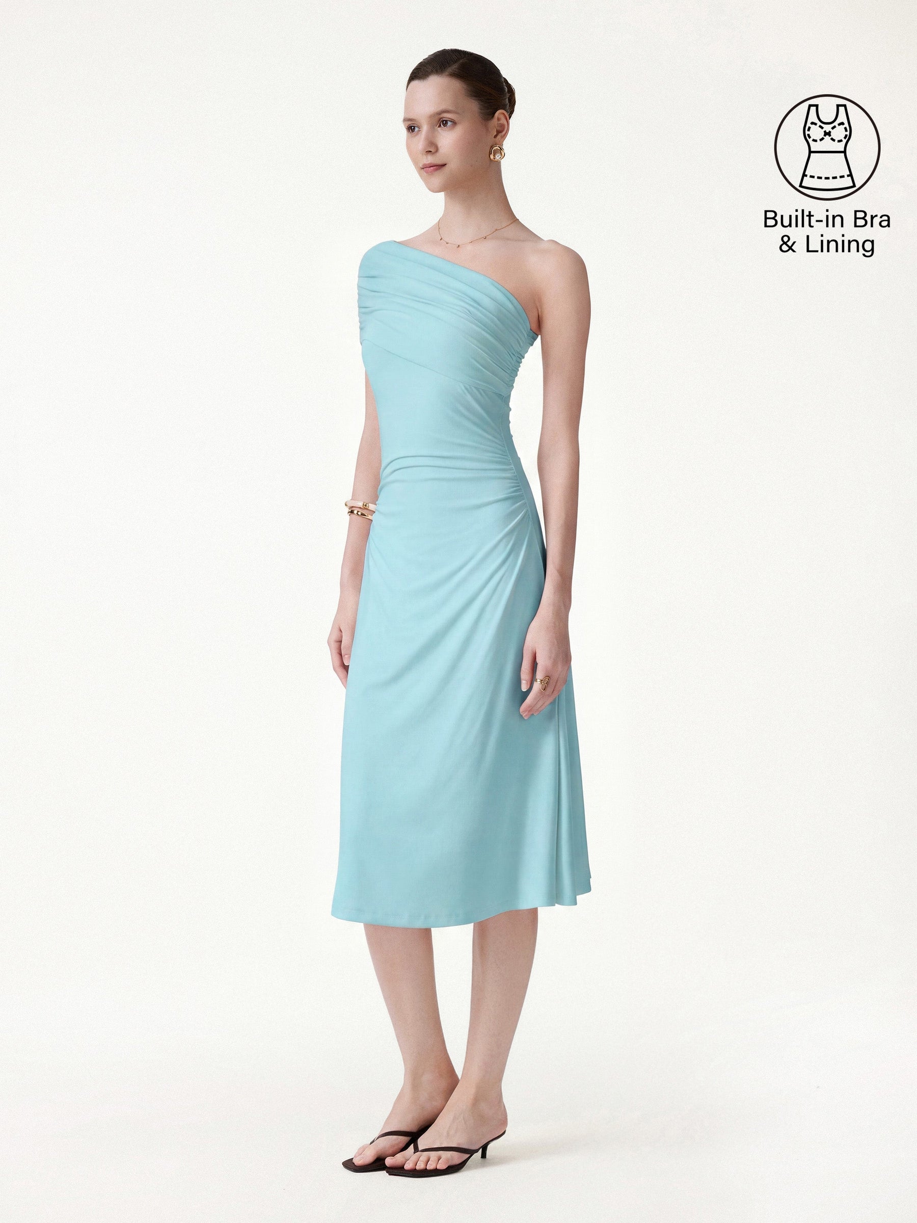 Not-See-Thru One Shoulder Gathered Midi Bra Dress