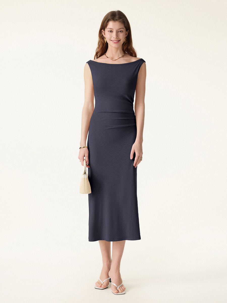 Elegant Boatneck Tucked Fit-and-Flare Midi Bra Dress