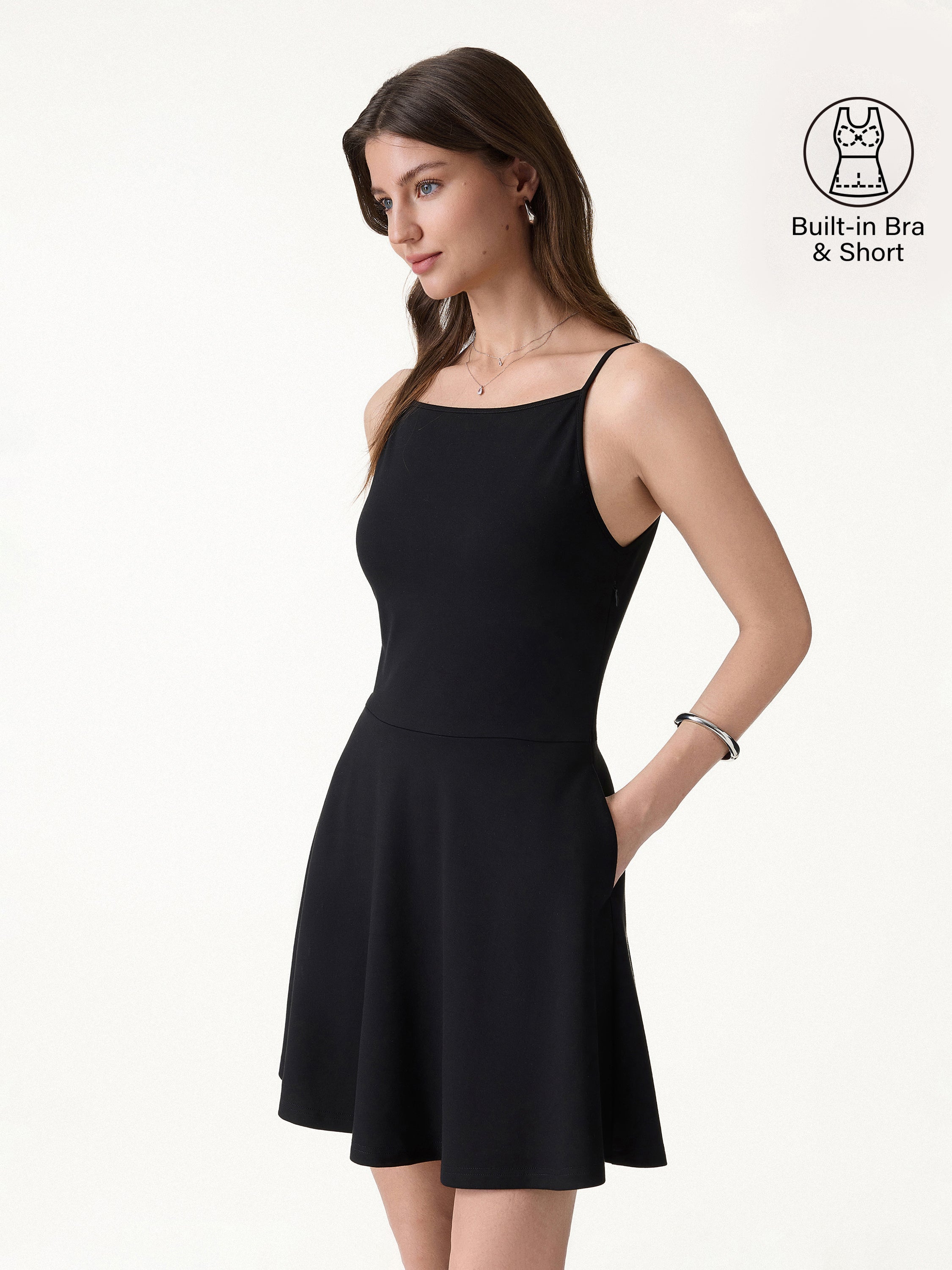 Stretch Ponte Square Neck Mini  A-Line Bra Dress with Pockets