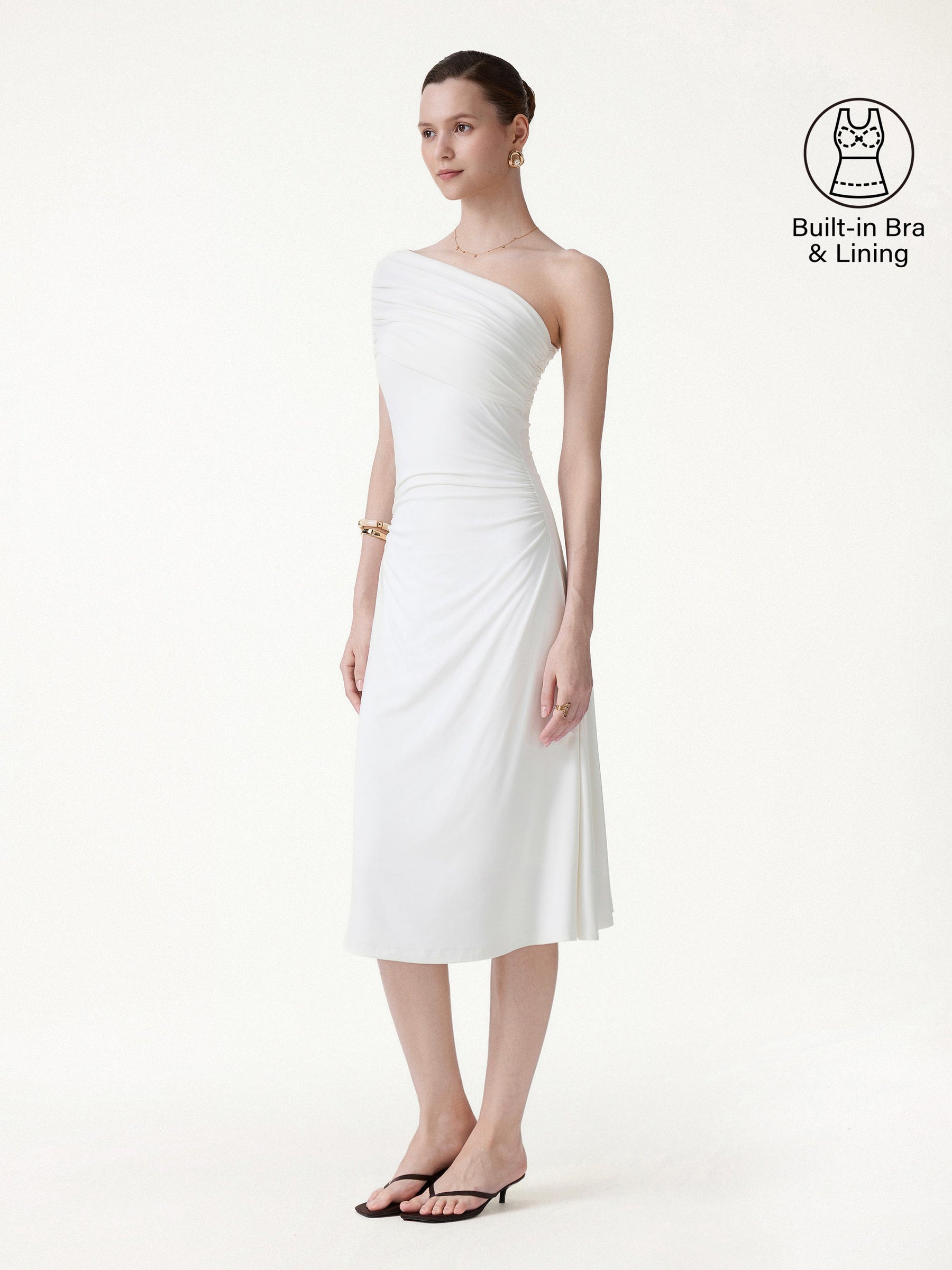 Not-See-Thru One Shoulder Gathered Midi Bra Dress