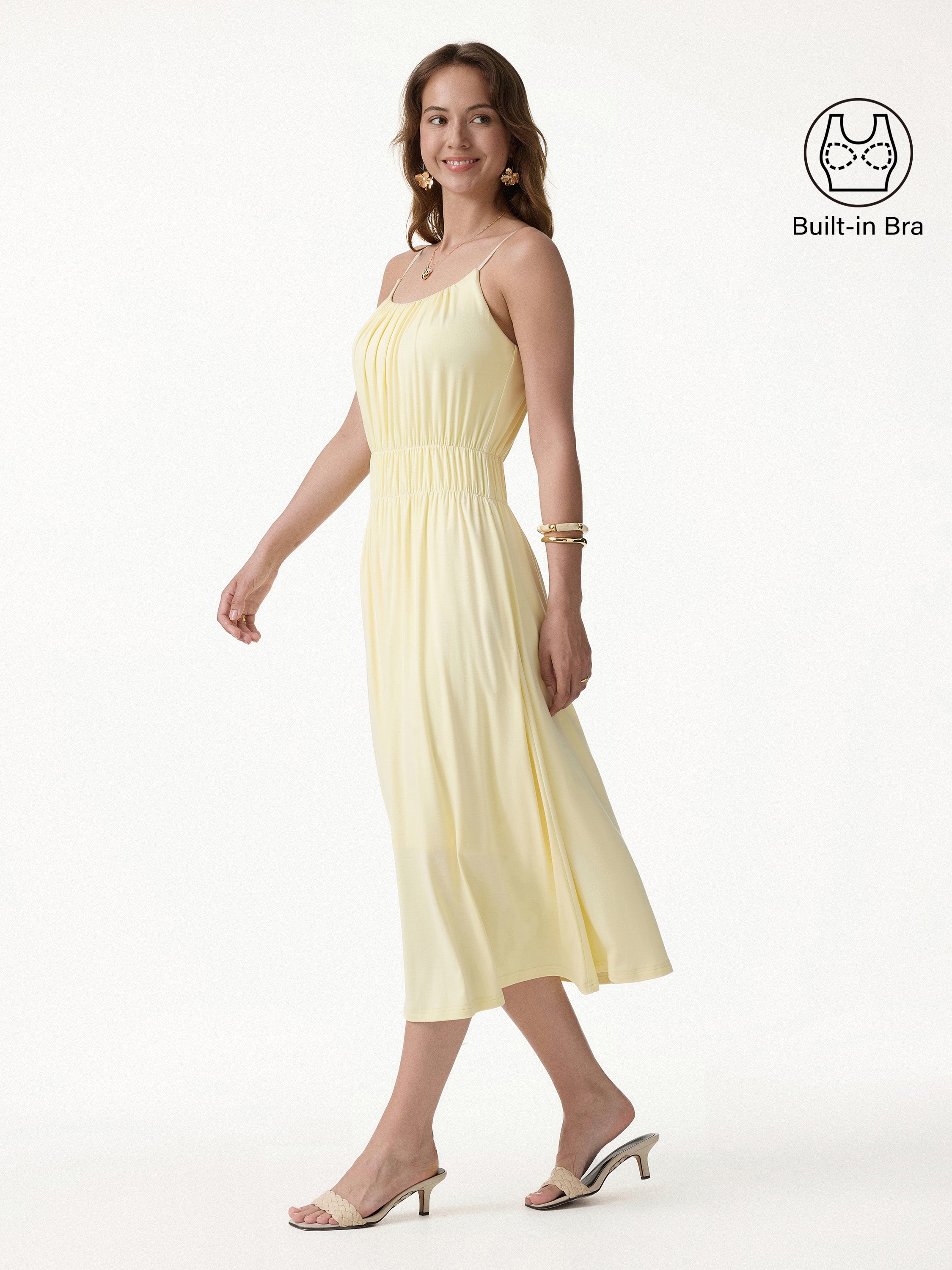 Vacay Gathered U-Neck Spaghetti Midi Bra Dress with Pockets