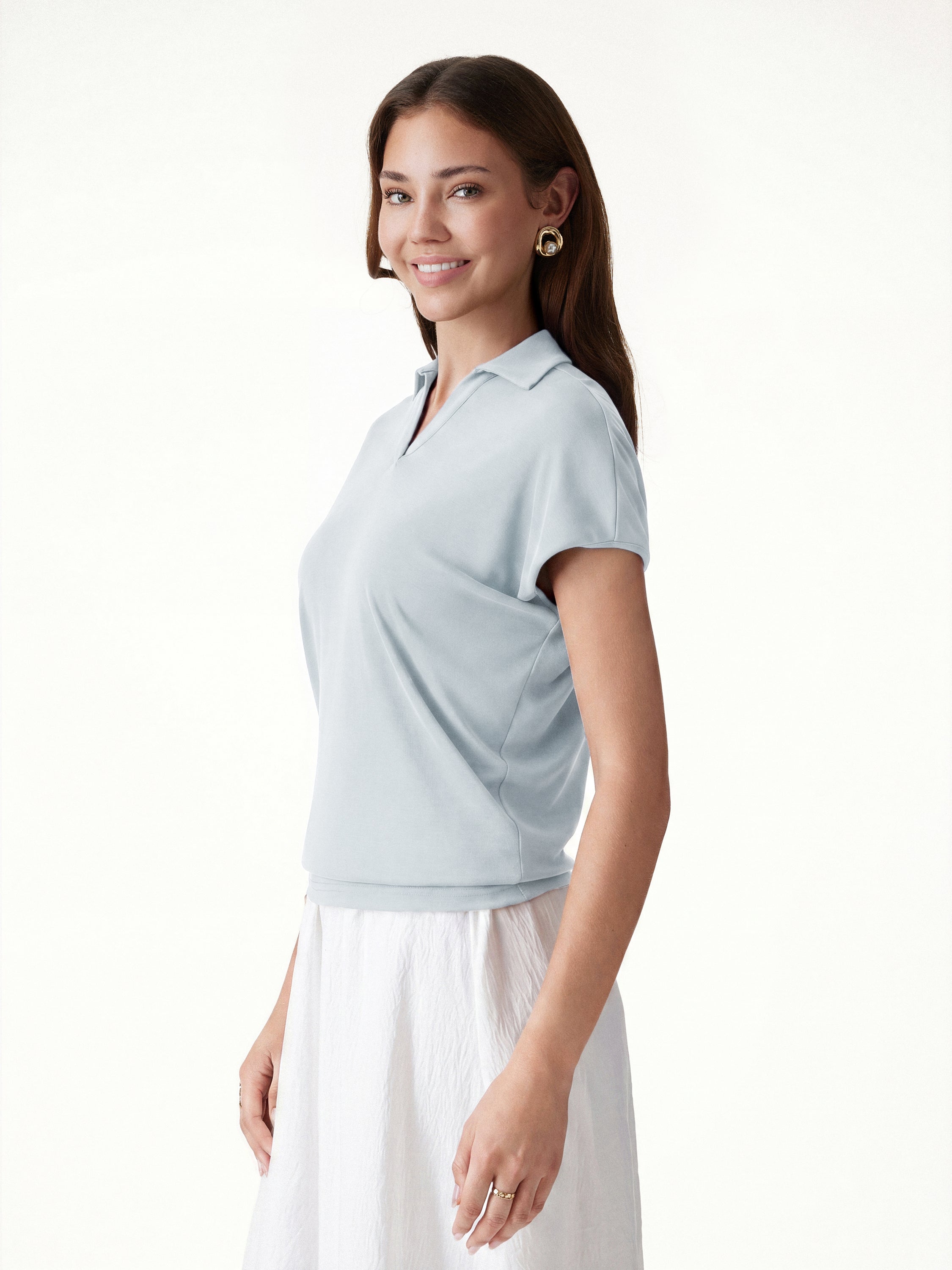 Sandwashed Modal Polo Neck Cap Sleeve Top