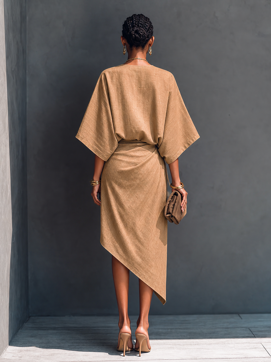 Women's Modern Minimalist Khaki Linen Blend Draped Asymmetric Short Sleeve Midi Dress MDZ0344G8GMJ