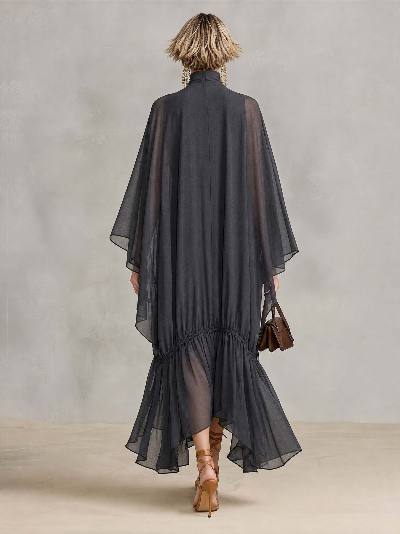 Women's Dark Gray Sheer Chiffon Maxi Dress With Turtleneck Cape Batwing Sleeves & Ruched Ruffle Hem, Minimalist Elegant Oversized Flowy Maxi Dress MDZ0665G8LYL
