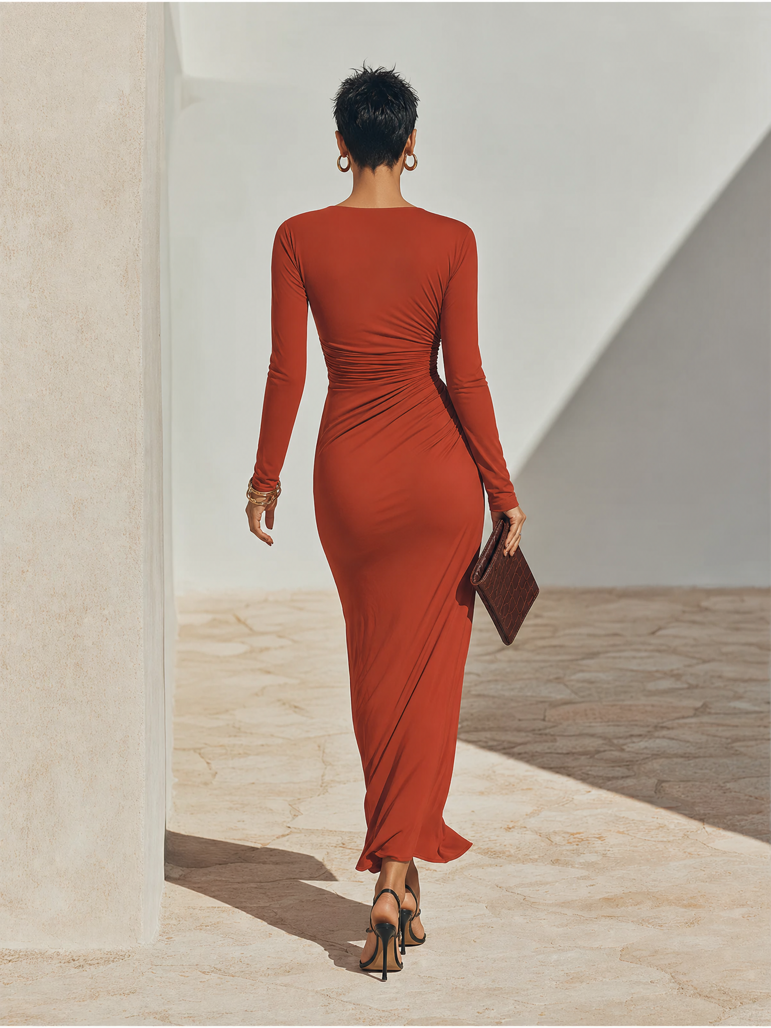 Women's Solid Rust-Red Asymmetric Ruched Long-Sleeve Maxi Dress MDZ2068G3ZRK