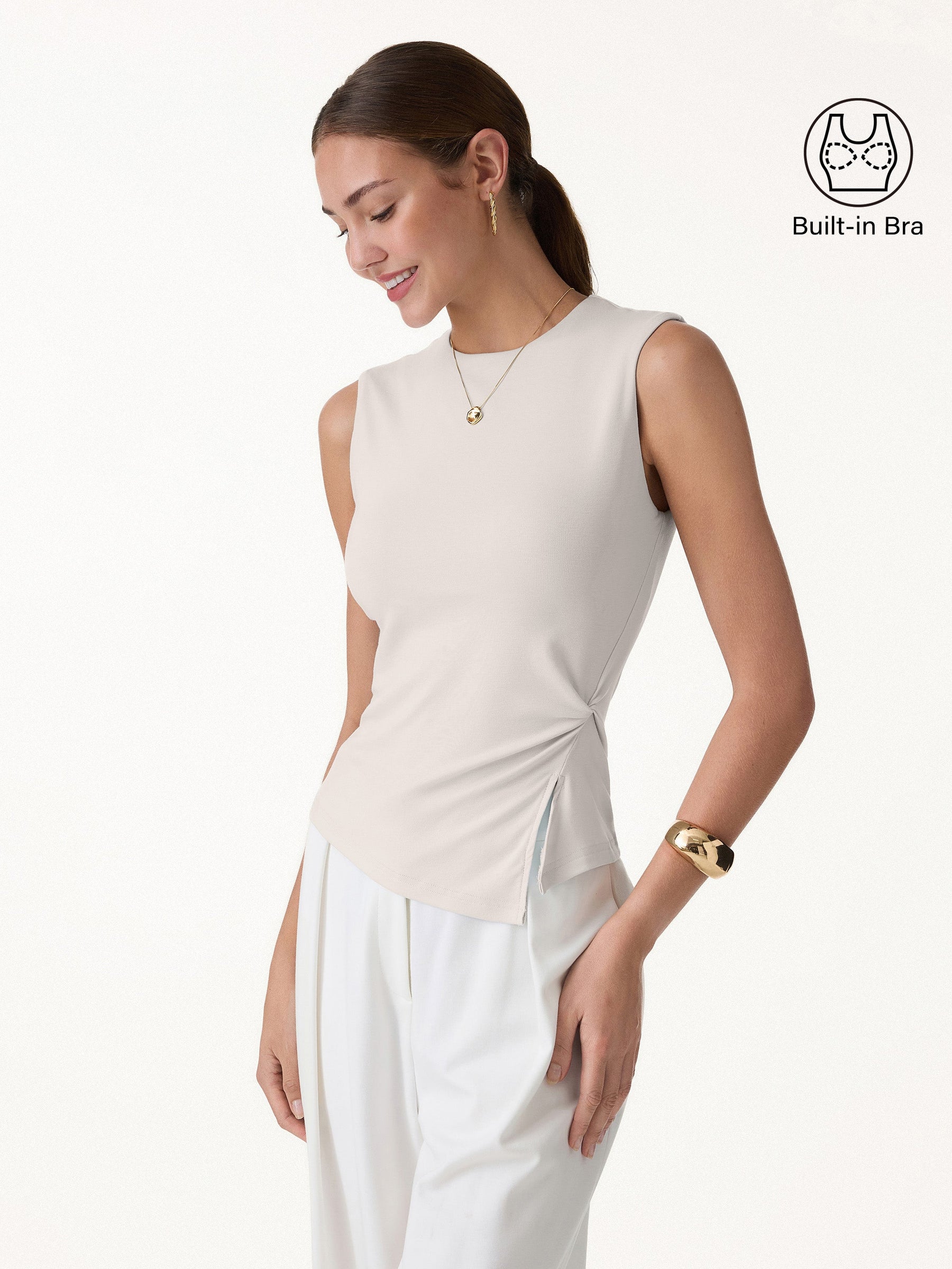 CoolTouch Round Neck Twisted Bra Tank with Slit