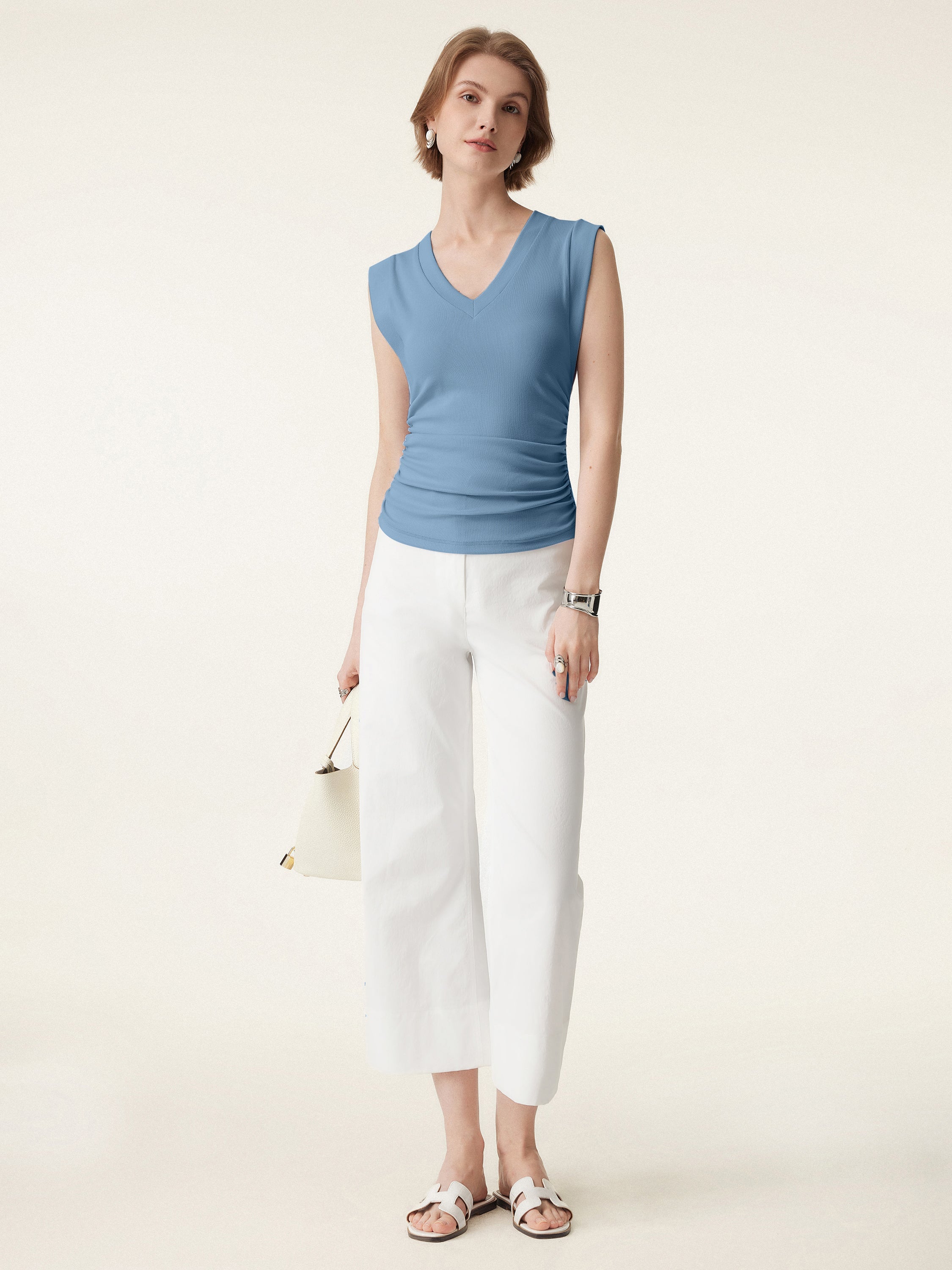 Stretch Cotton V-neck Side Ruched Muscle Bra Top