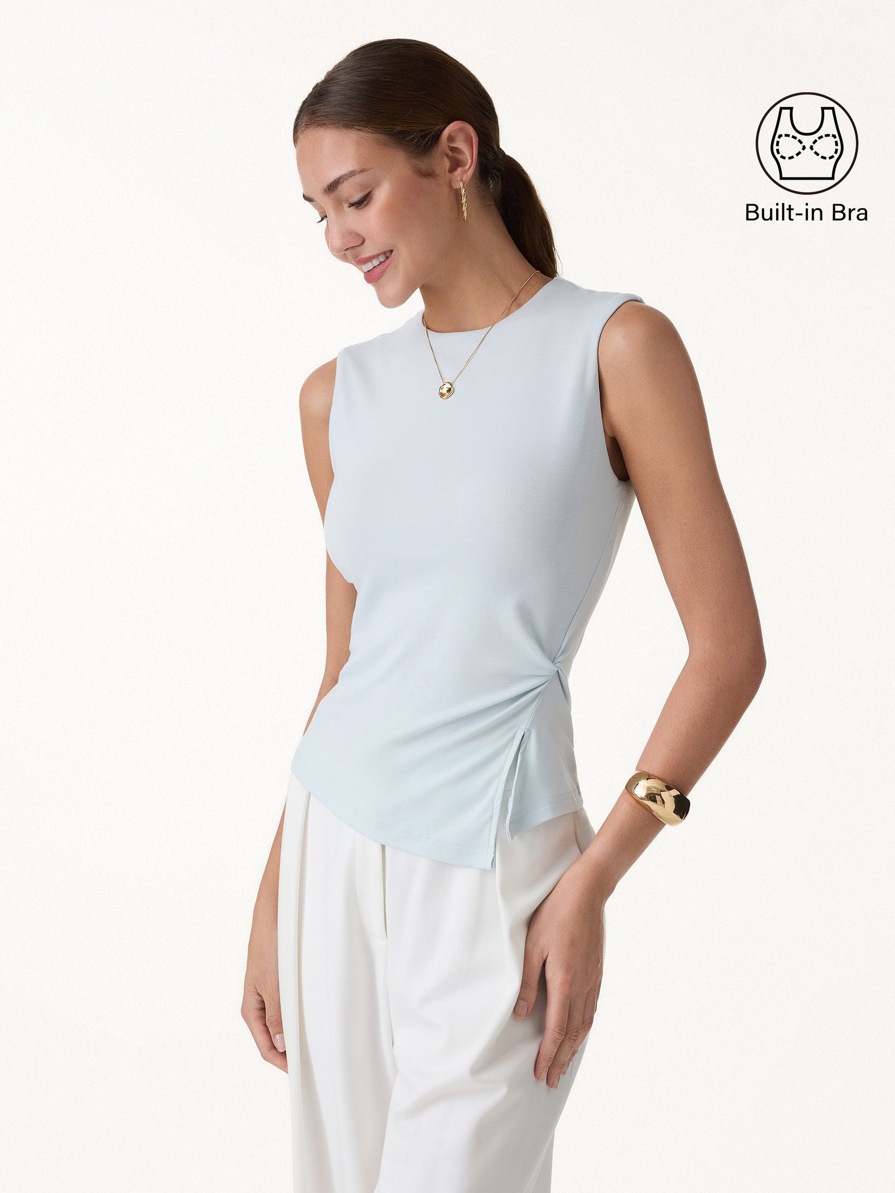 Round Neck Twisted Bra Tank with Slit