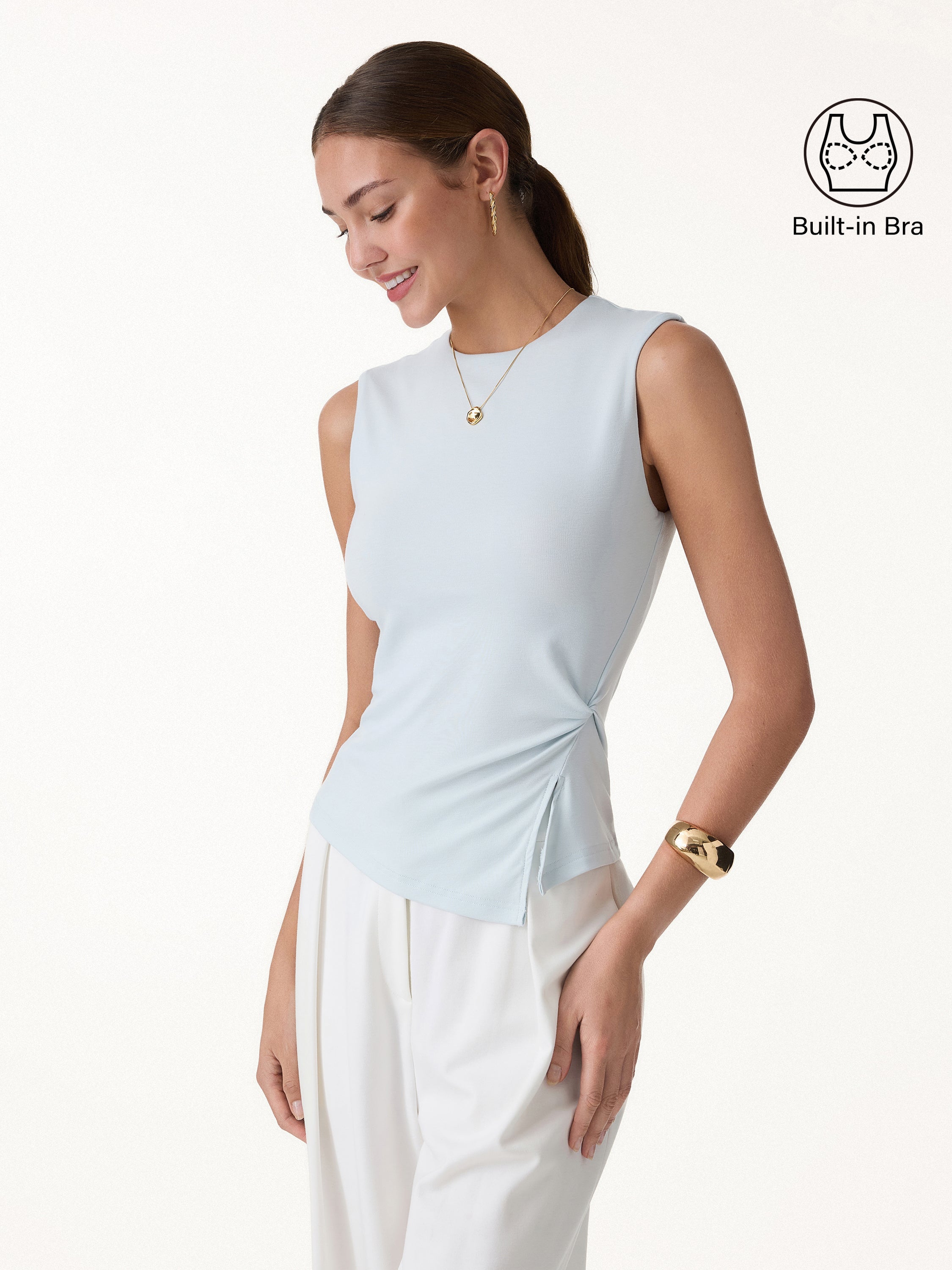 Round Neck Twisted Bra Tank with Slit