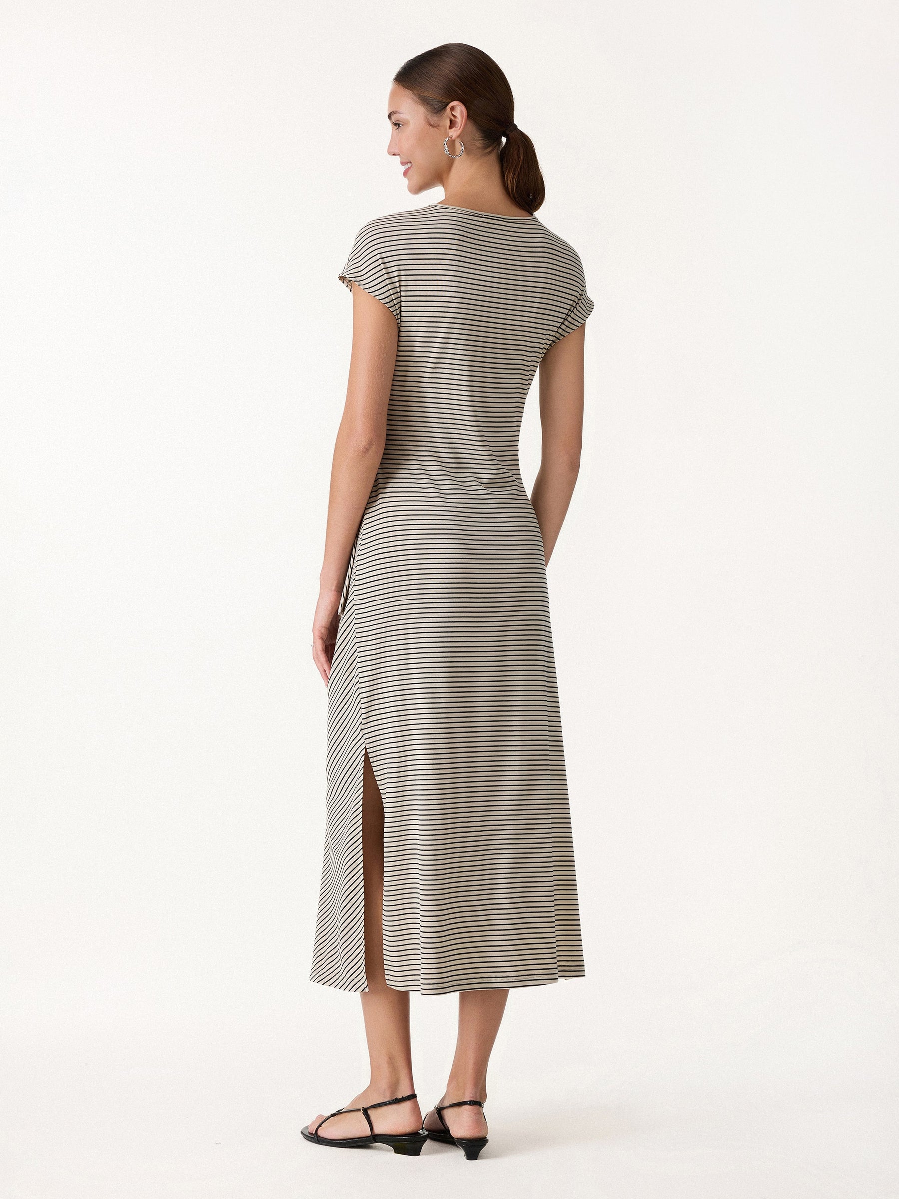 Striped Relaxed Midi Dress with Self-Tie