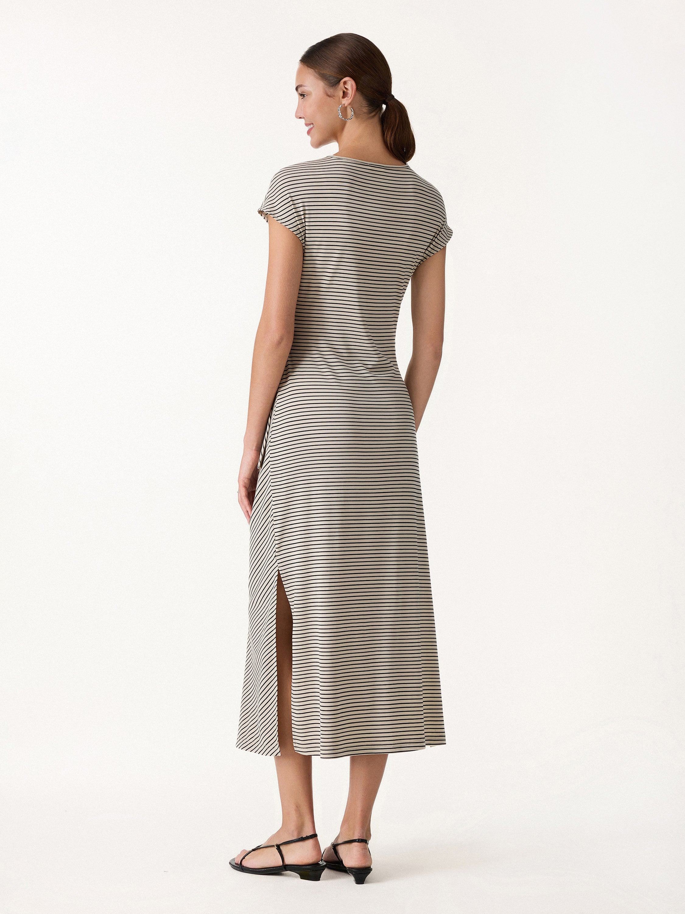 Striped Relaxed Midi Dress with Self-Tie