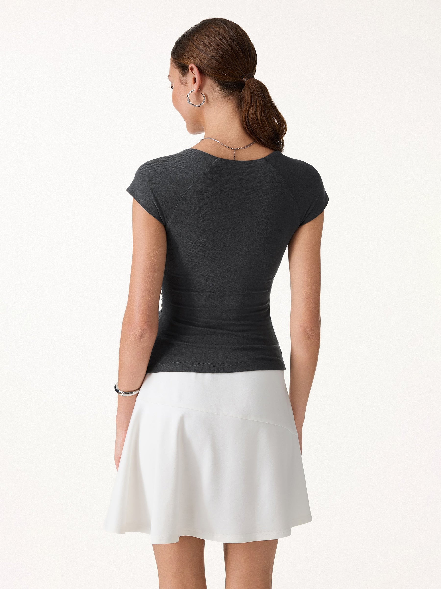 Cool-Touch Square Neck Cap Sleeve Ruched Bra Top