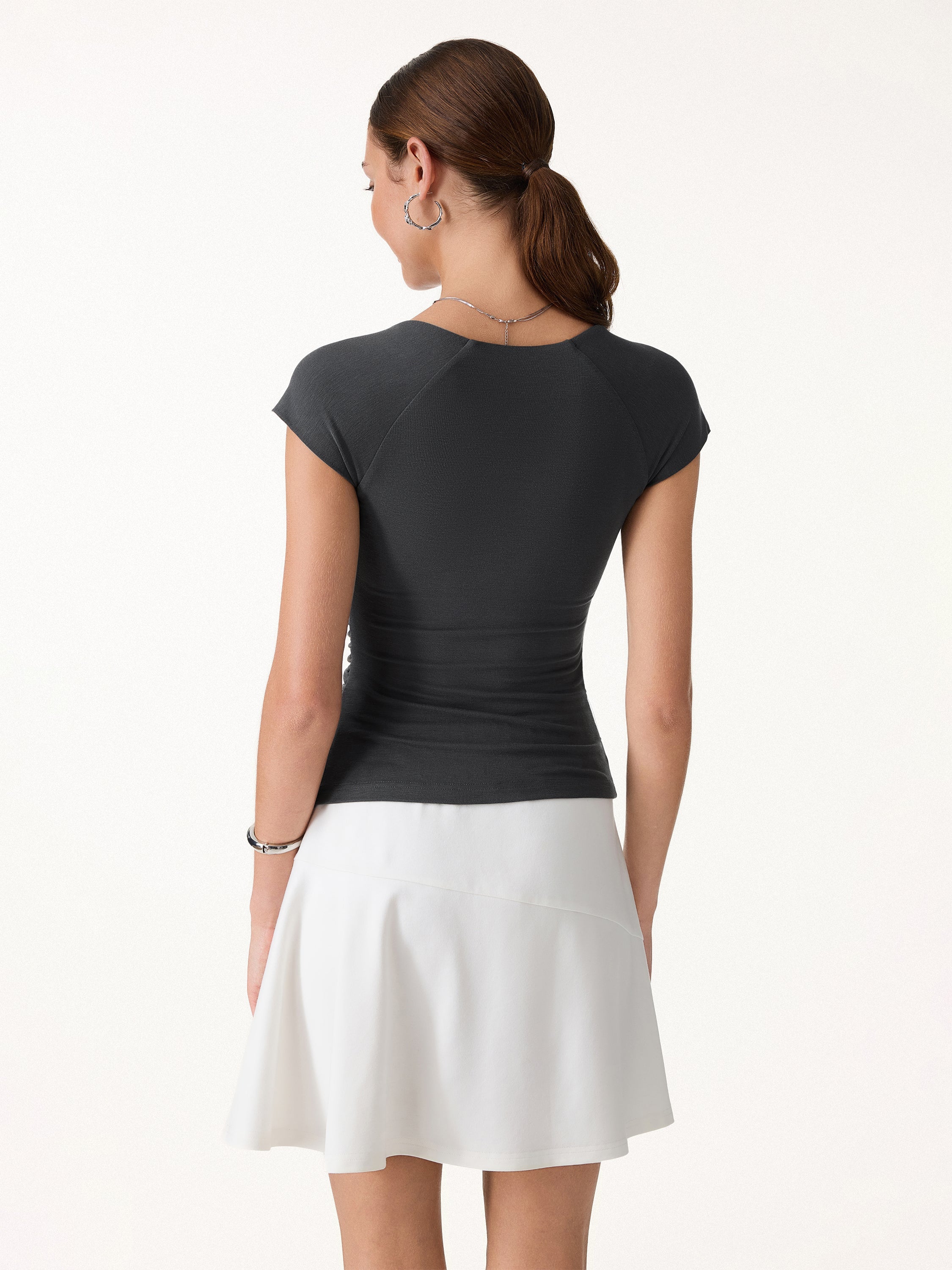 Cool-Touch Square Neck Cap Sleeve Ruched Bra Top