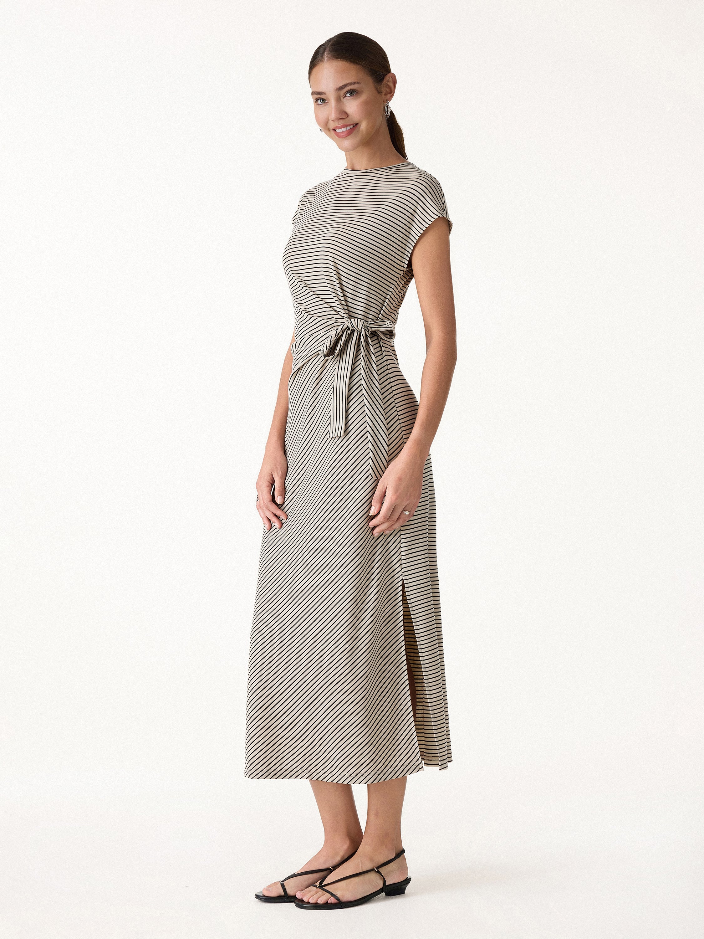 Striped Relaxed Midi Dress with Self-Tie