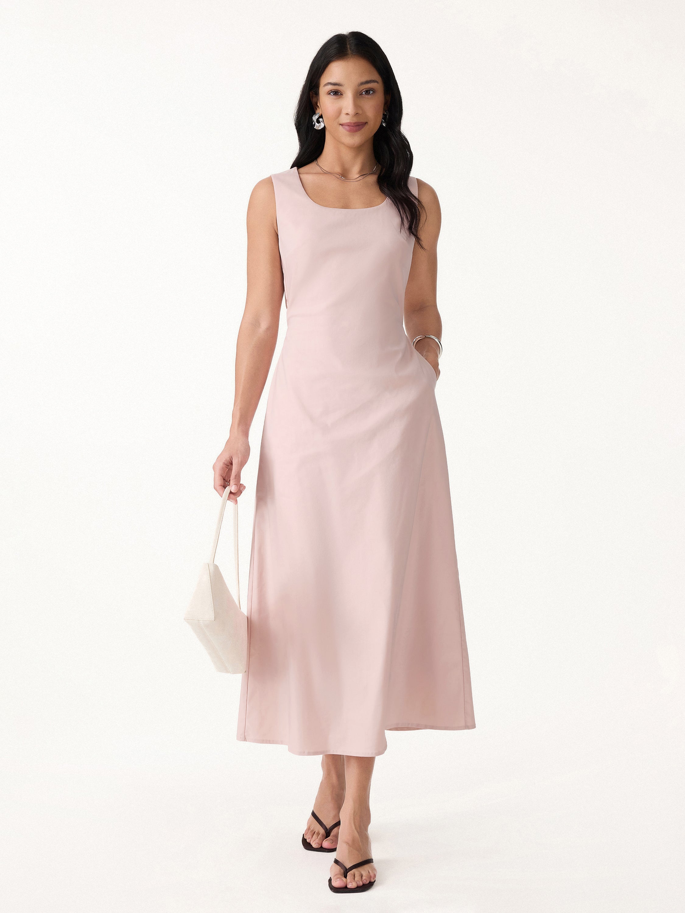 Linen Blend U-Neck Maxi Dress with Pockets