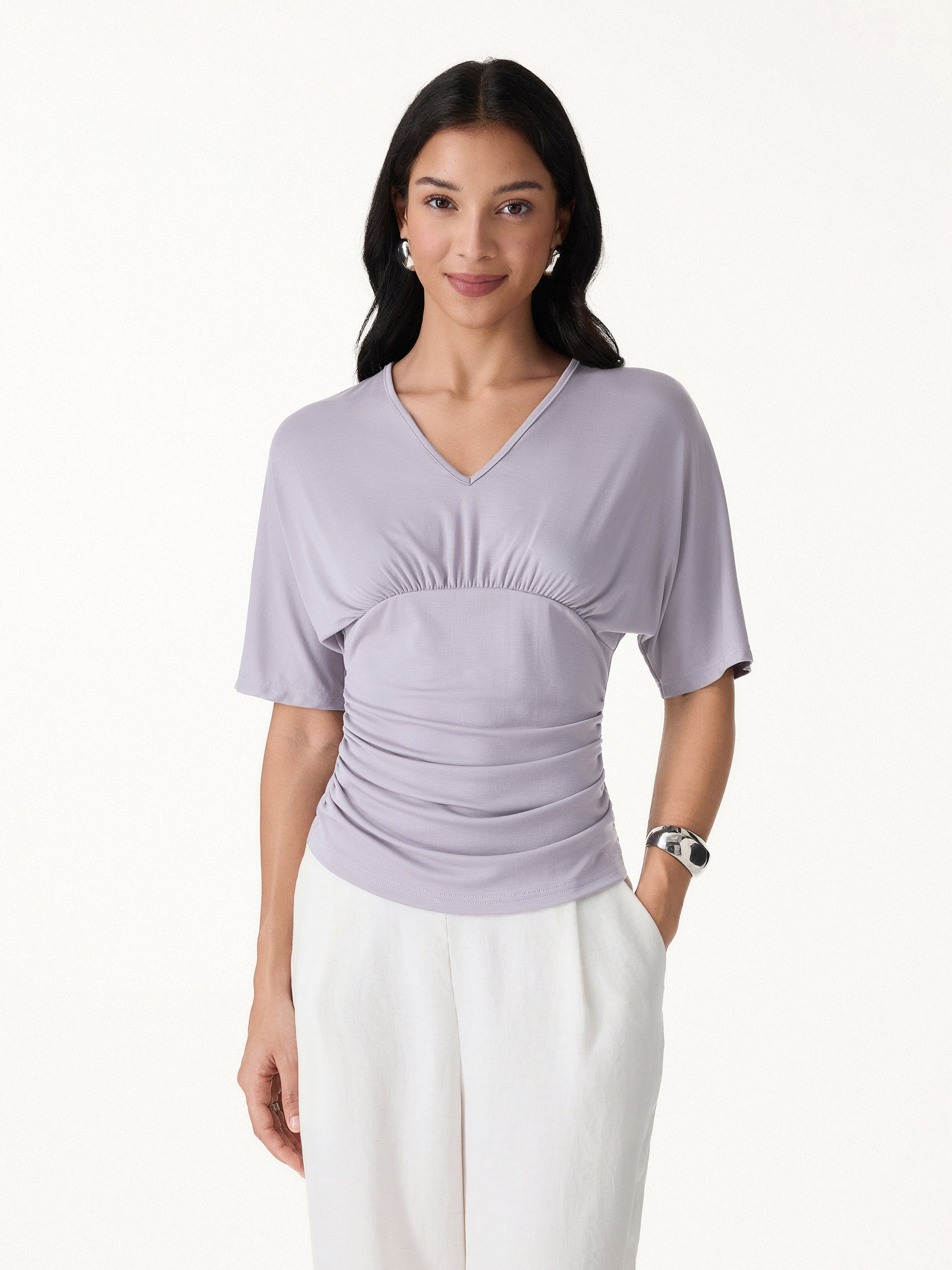 CoolTouch V-Neck Ruched Short Sleeve Summer Tee