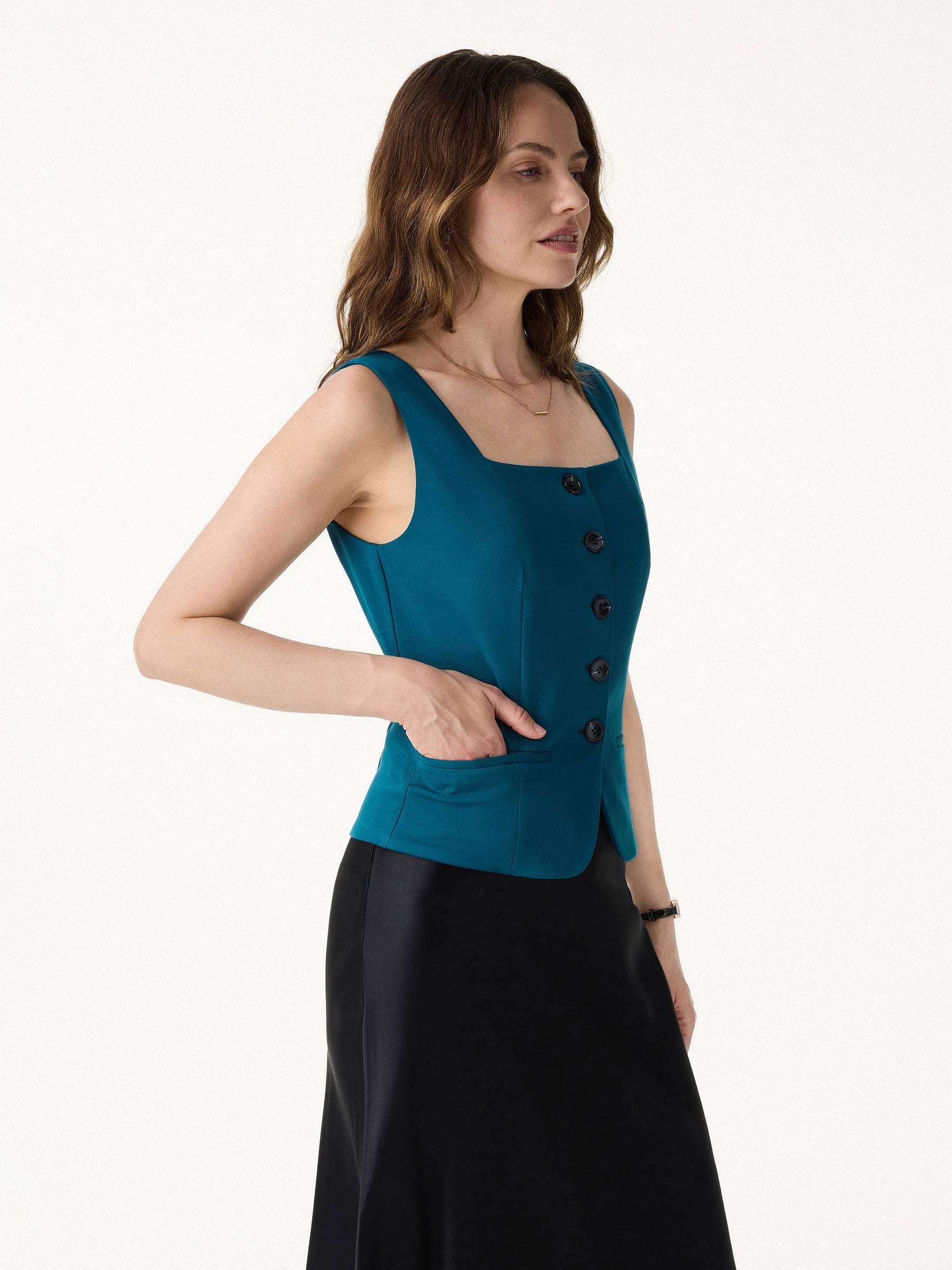 Stretch Ponte Square Neck Cropped Waistcoat with Pockets