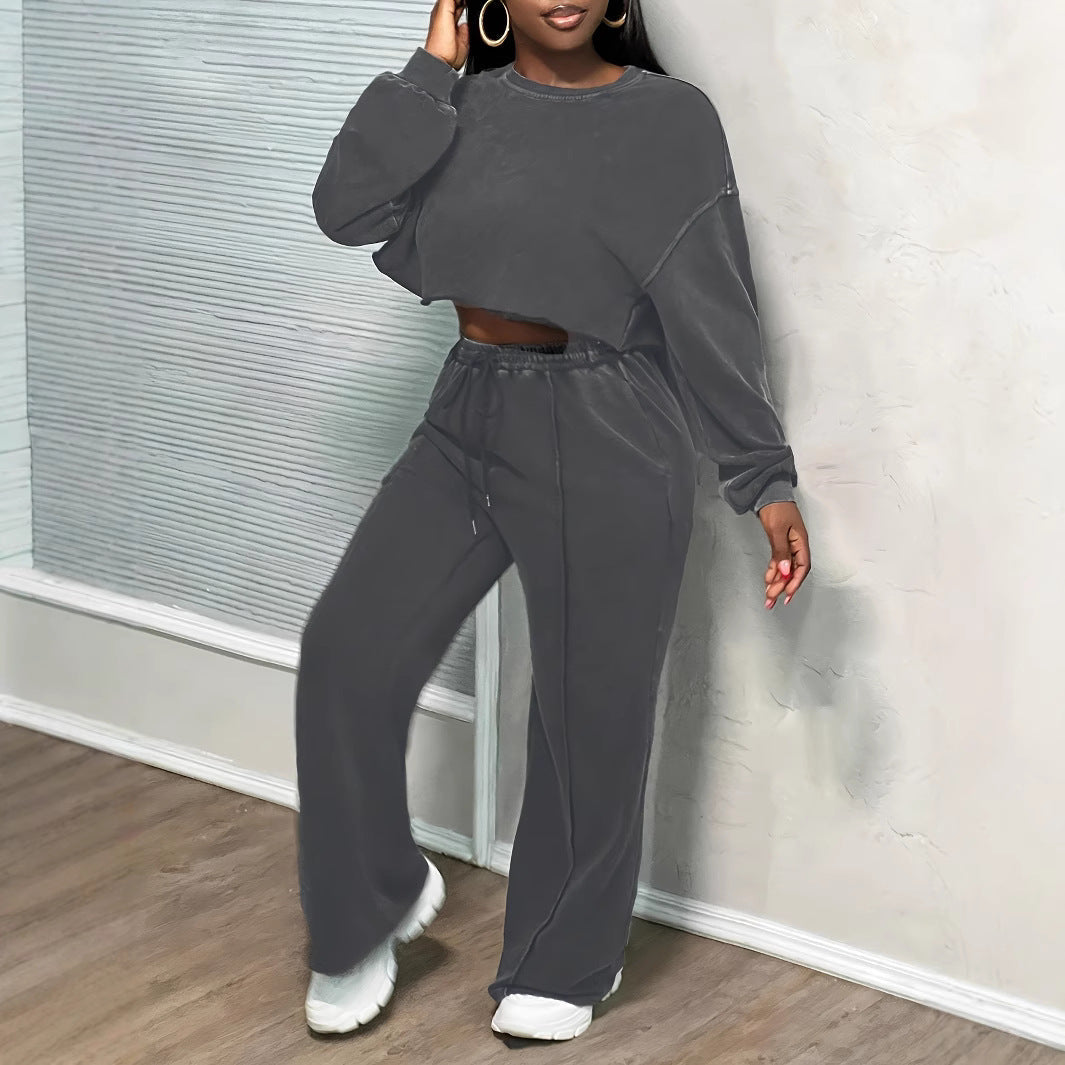 Women's Wide-Leg Trousers & Long-Sleeve Top Set - Casual Two-Piece Outfit