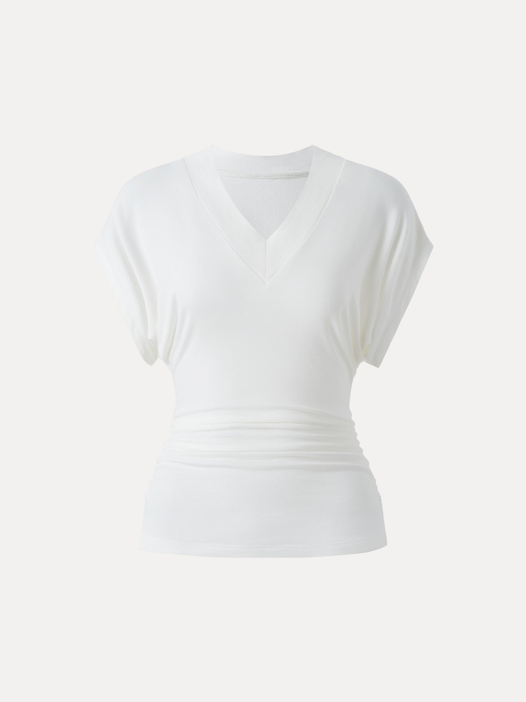 Semi-sheer Lyocell Cashmere Blend V-neck Short Sleeve Side Ruched Tee