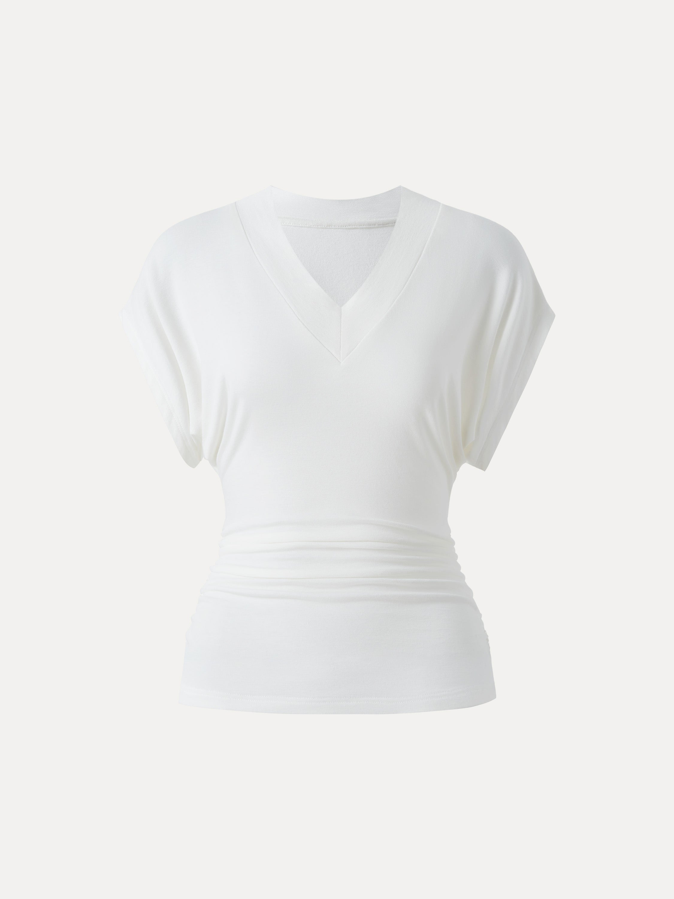 Semi-sheer Lyocell Cashmere Blend V-neck Short Sleeve Side Ruched Tee