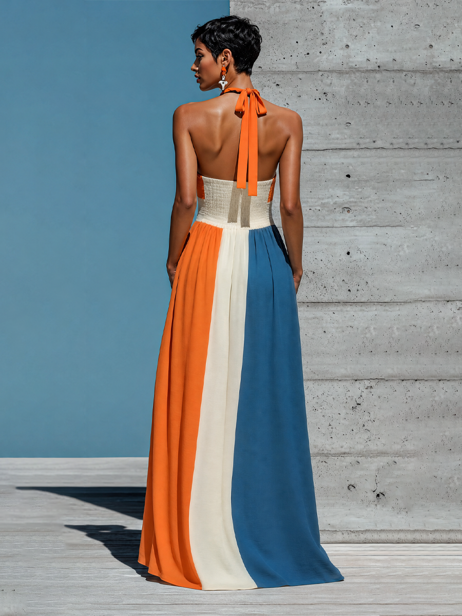 Women’s Orange White Blue Color Block Halter Keyhole Strapless Smocked Bodice Pleated Maxi Dress MDZ2980F6T